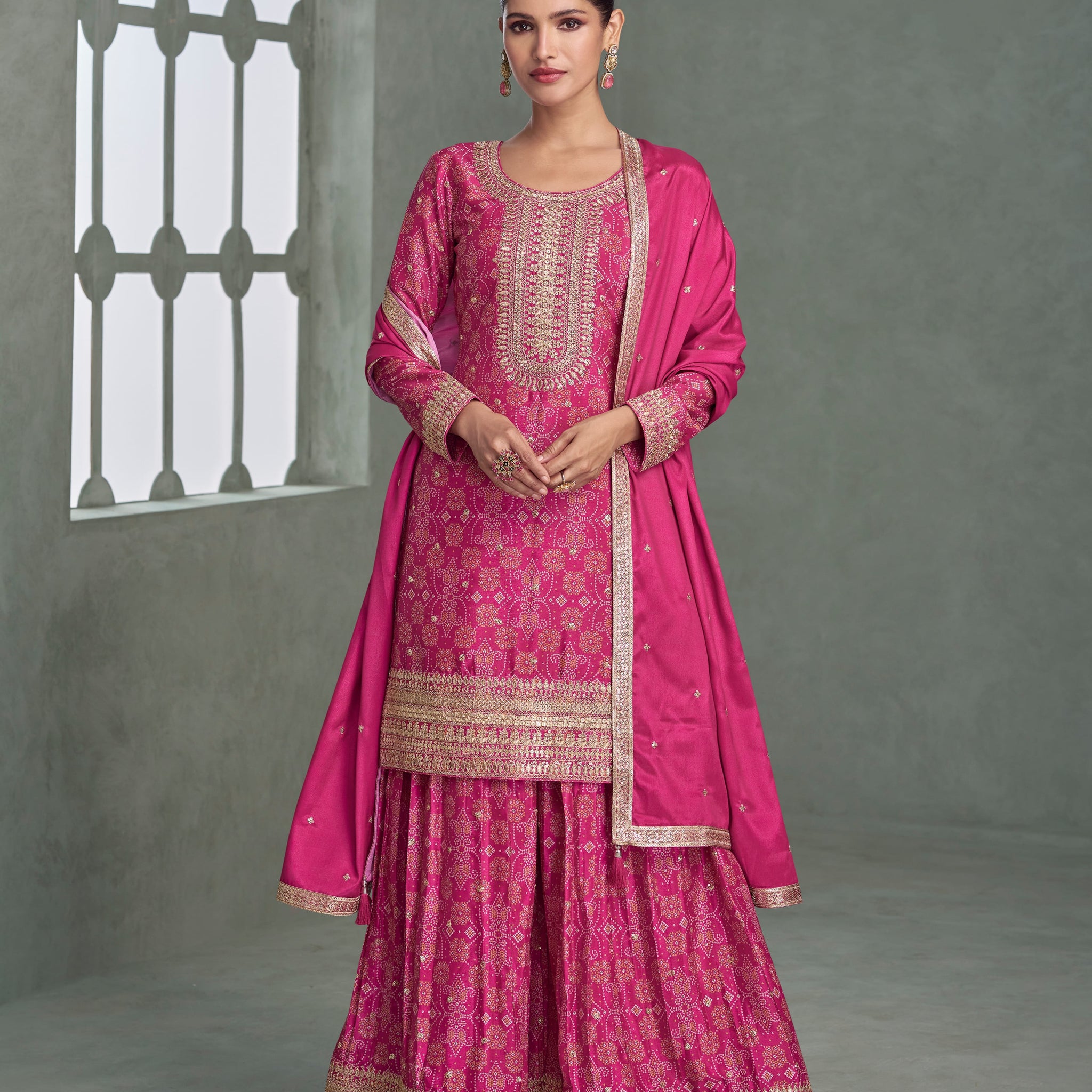 Magenta Premium Chinnon Silk Embroidered Sharara Suit