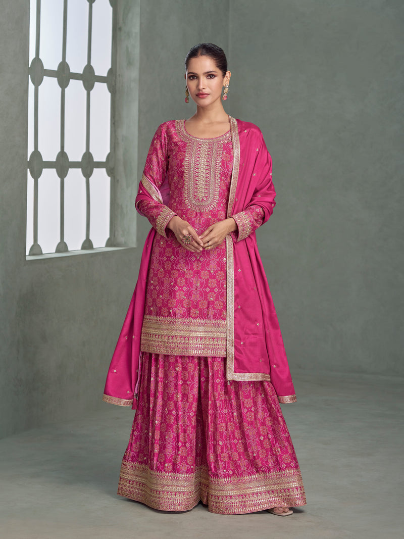 Magenta Premium Chinnon Silk Embroidered Sharara Suit