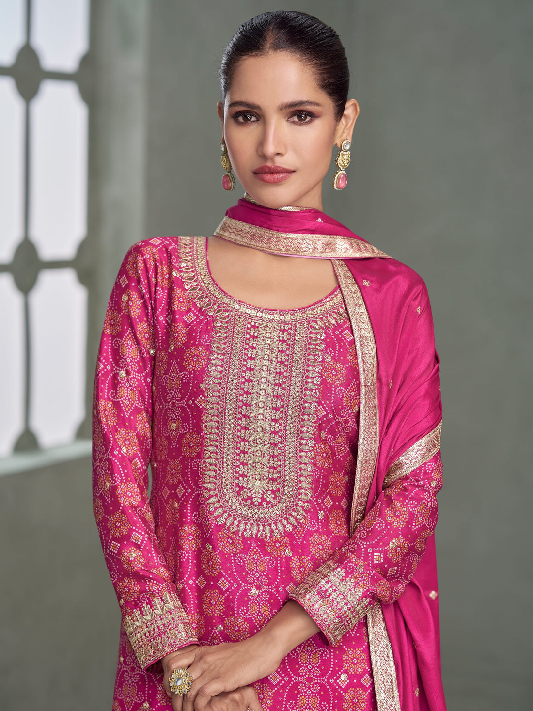 Magenta Premium Chinnon Silk Embroidered Sharara Suit