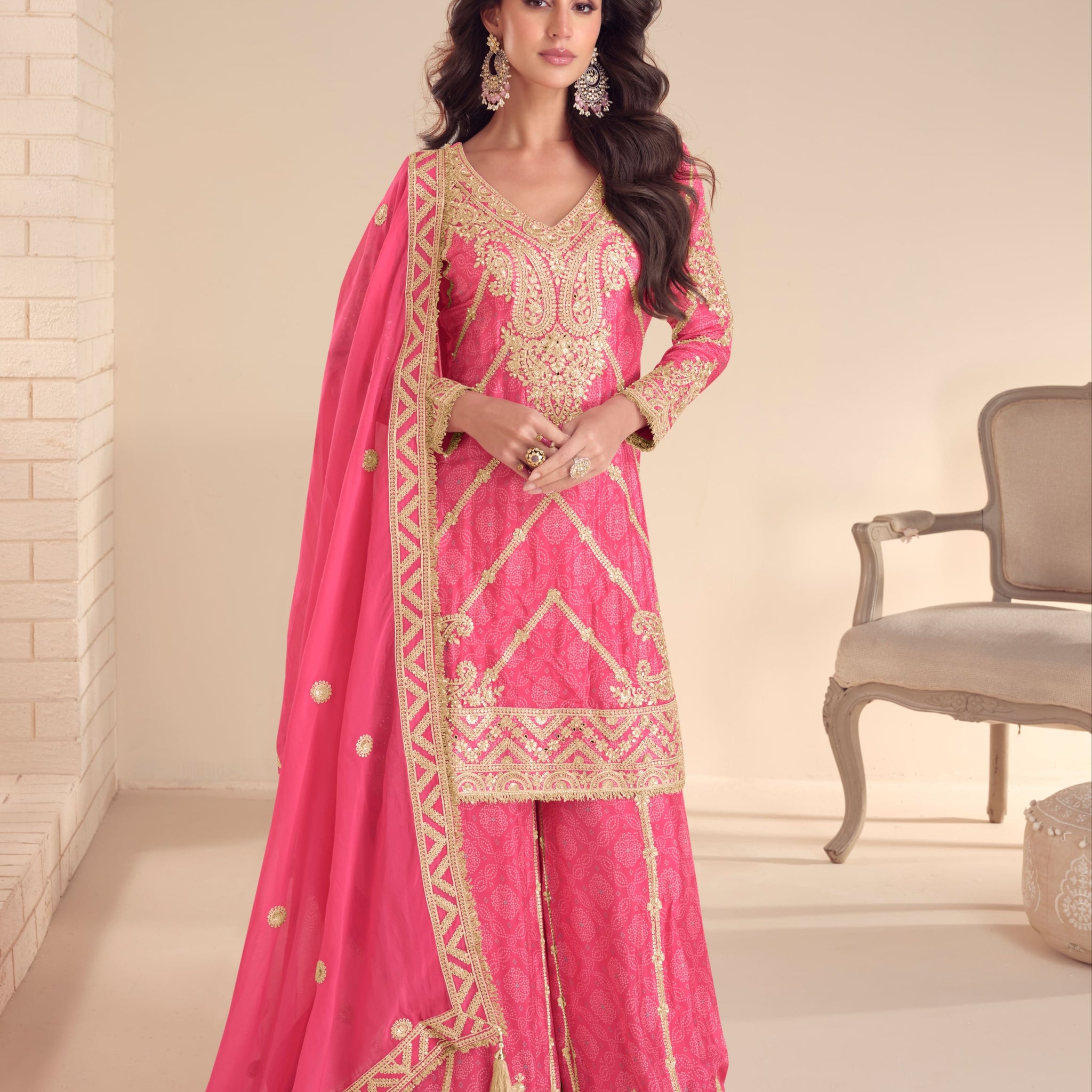 Pink embroidered sharara suit with handwork