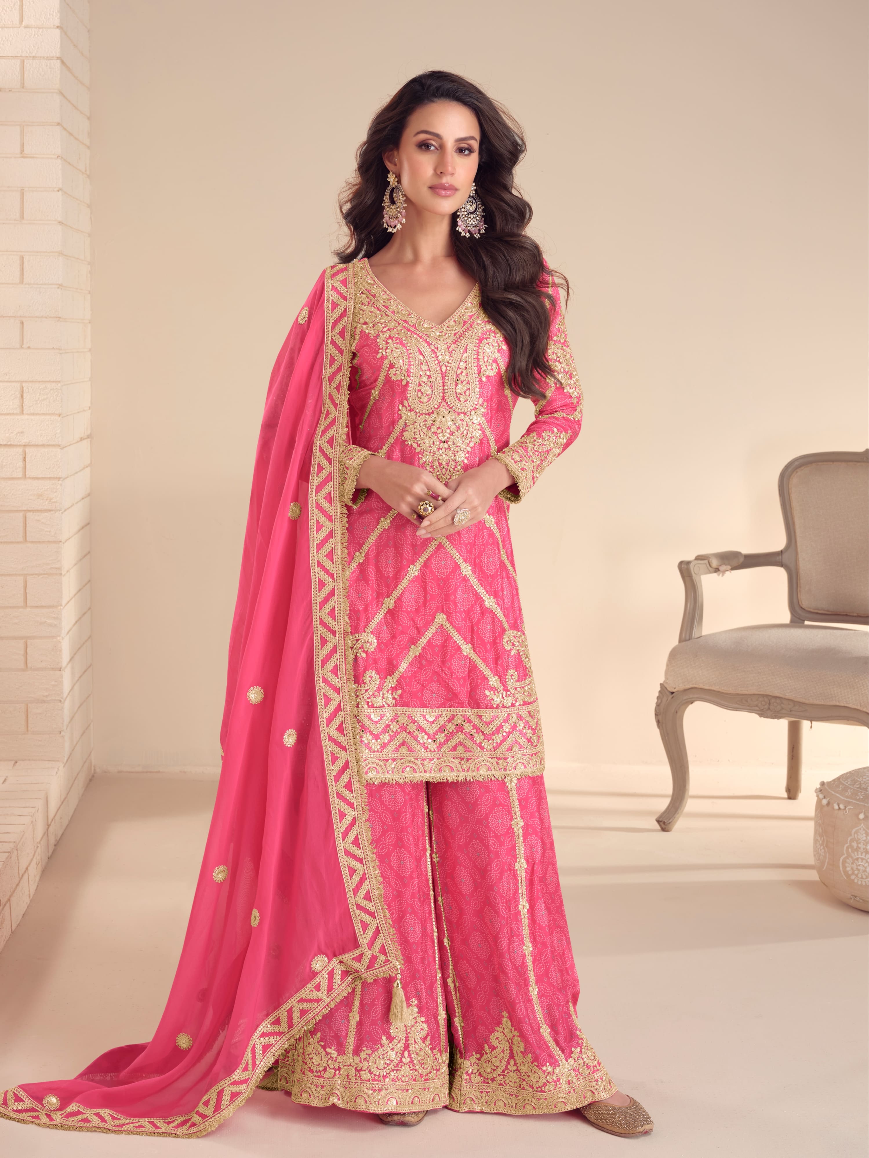 Pink embroidered sharara suit with handwork