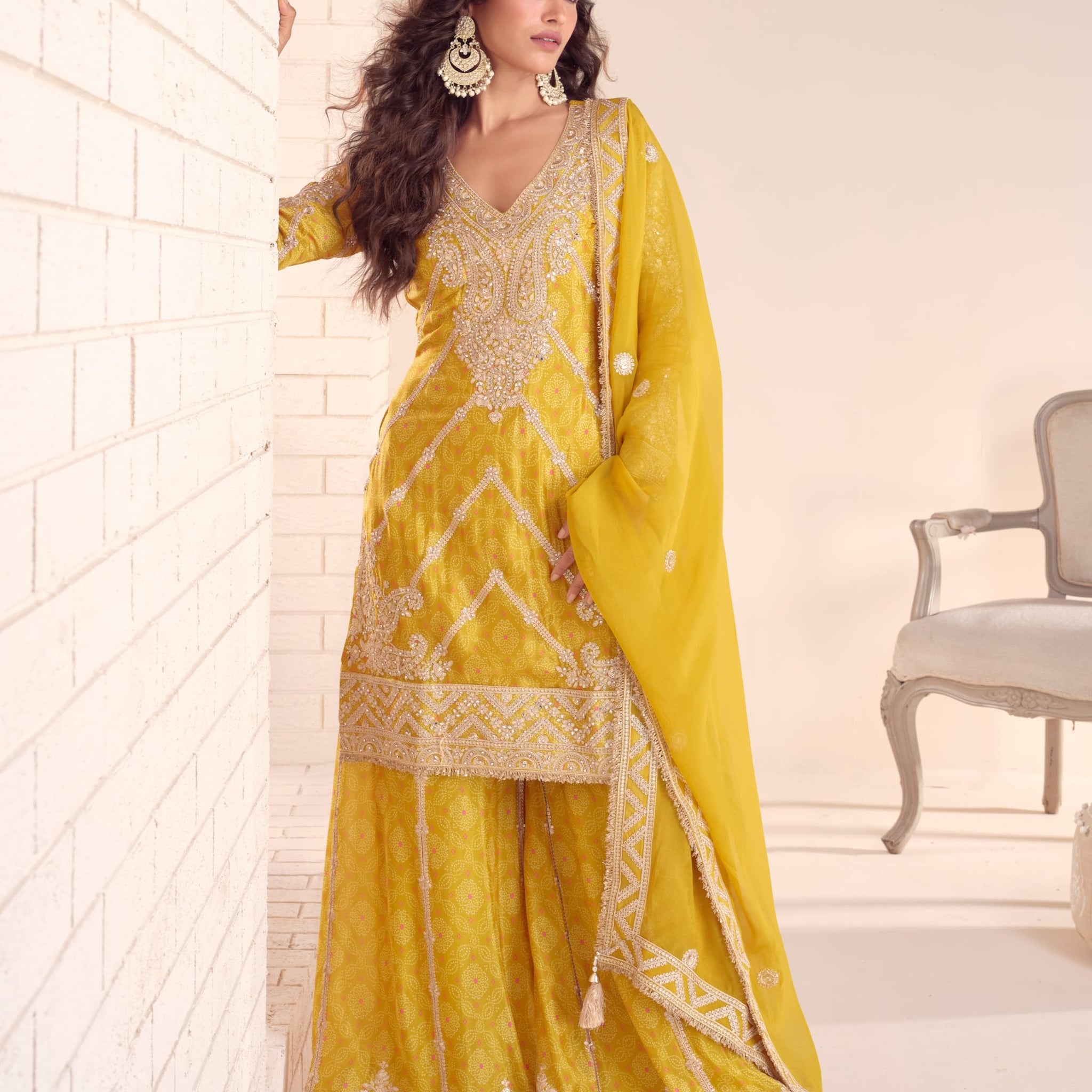 Yellow Real Chinon Embroidered Sharara Suit front view