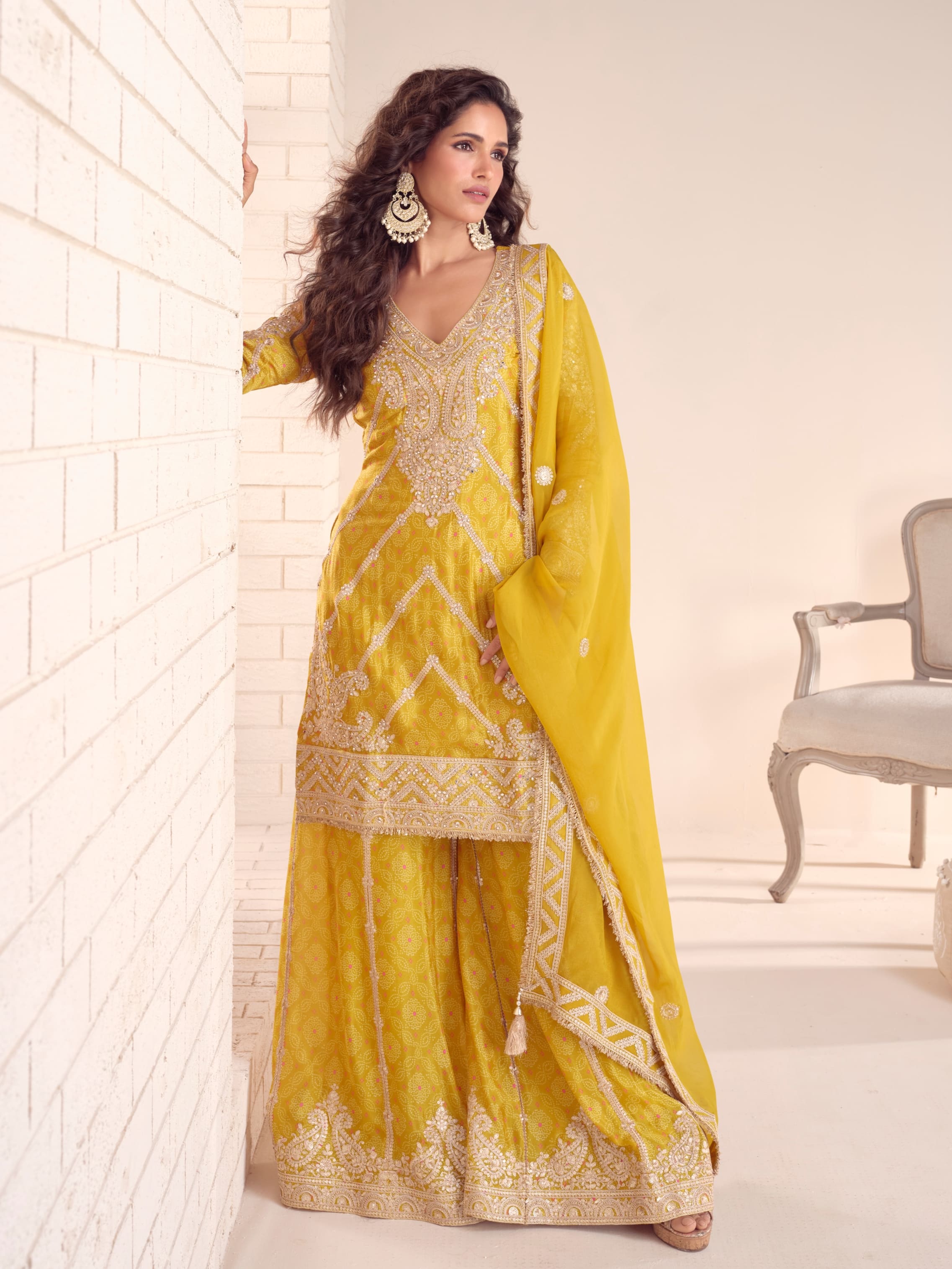 Yellow Real Chinon Embroidered Sharara Suit front view