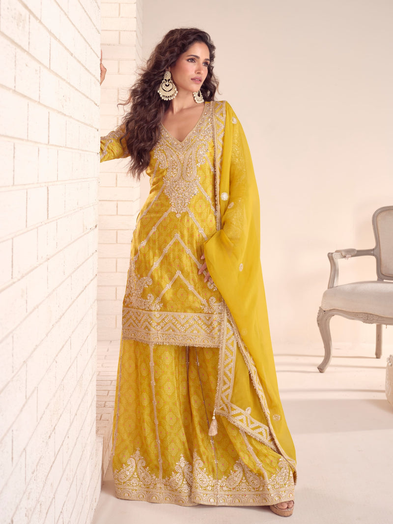 Yellow Real Chinon Embroidered Sharara Suit front view