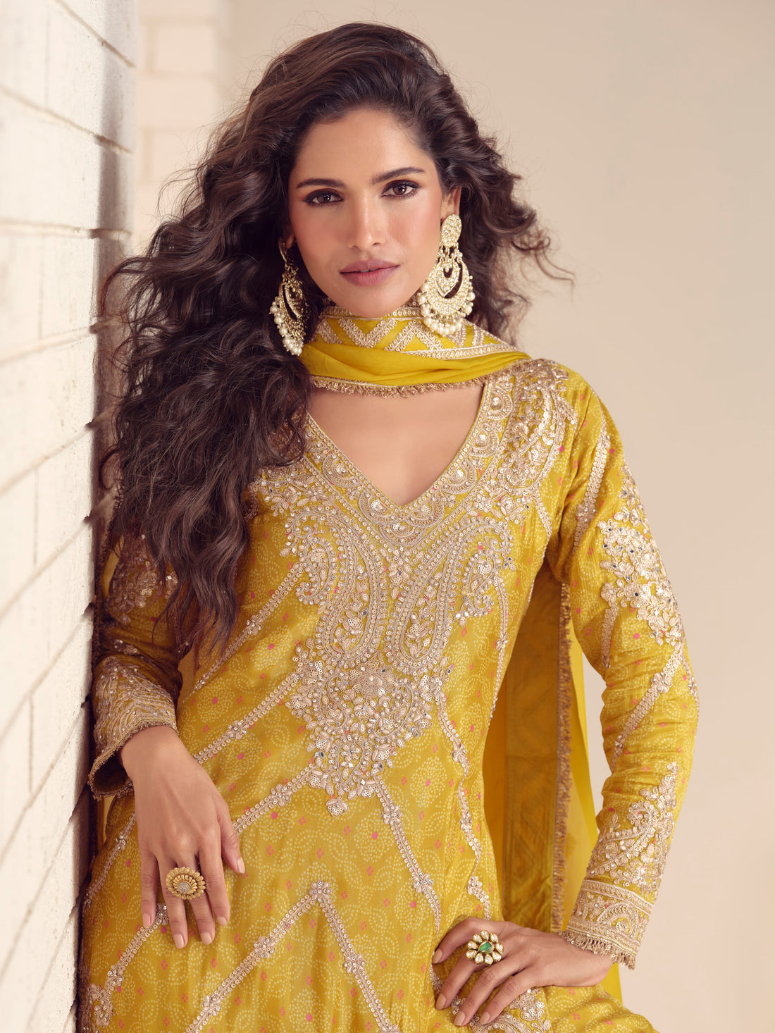 Yellow Real Chinon Embroidered Sharara Suit front view