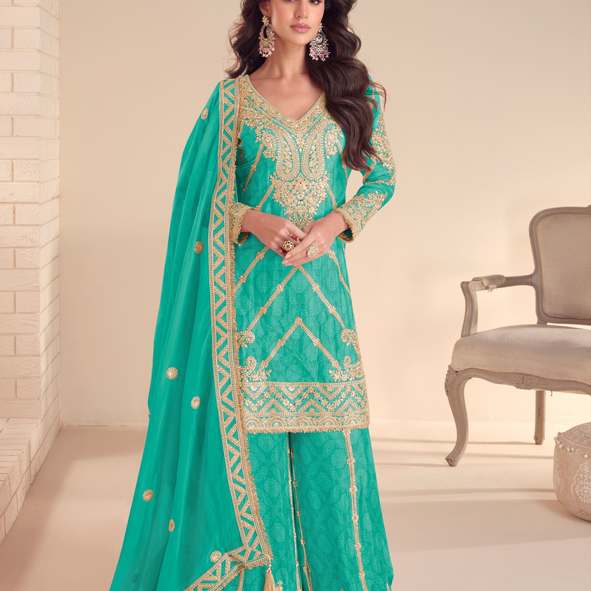 Teal green real chinon embroidered sharara suit for wedding
