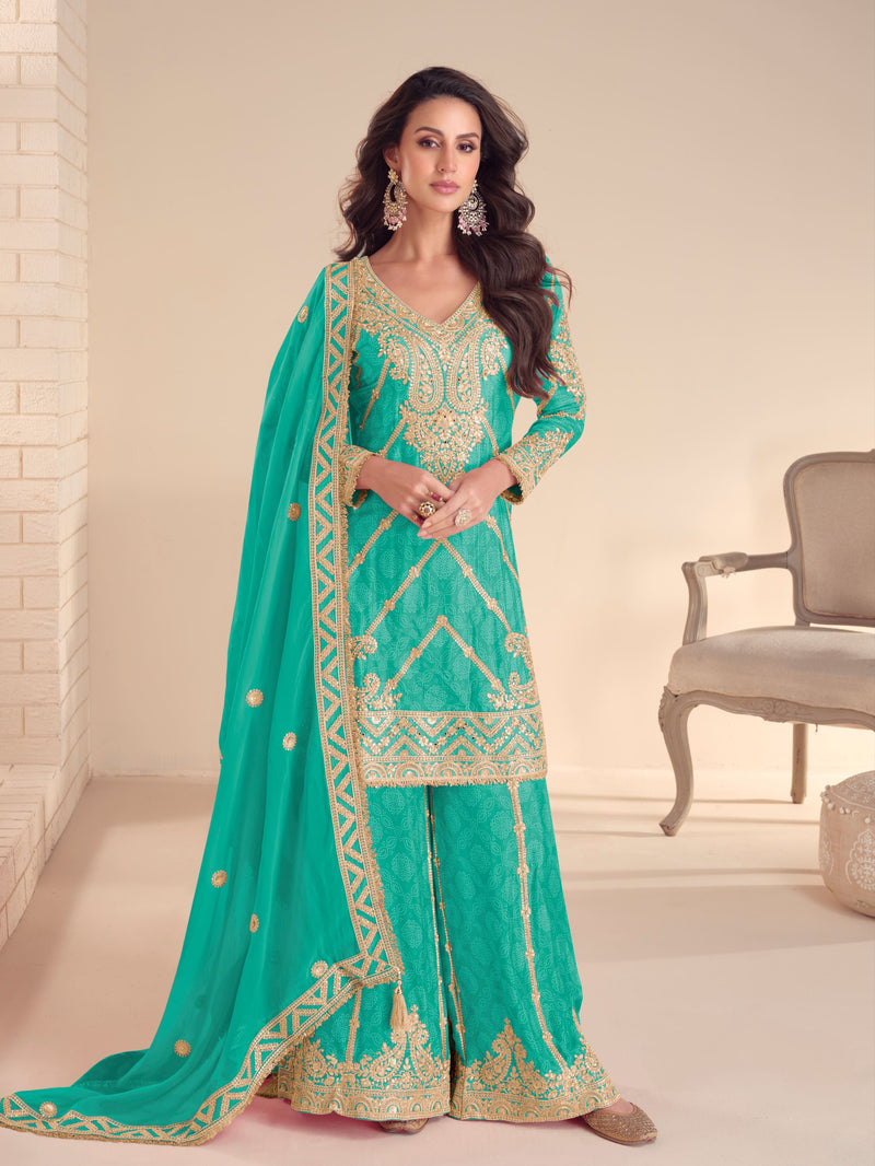 Teal green real chinon embroidered sharara suit for wedding