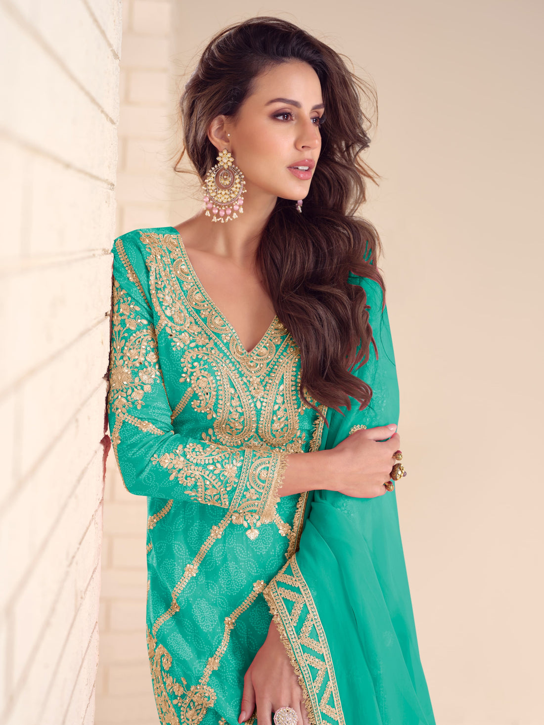 Teal green real chinon embroidered sharara suit for wedding