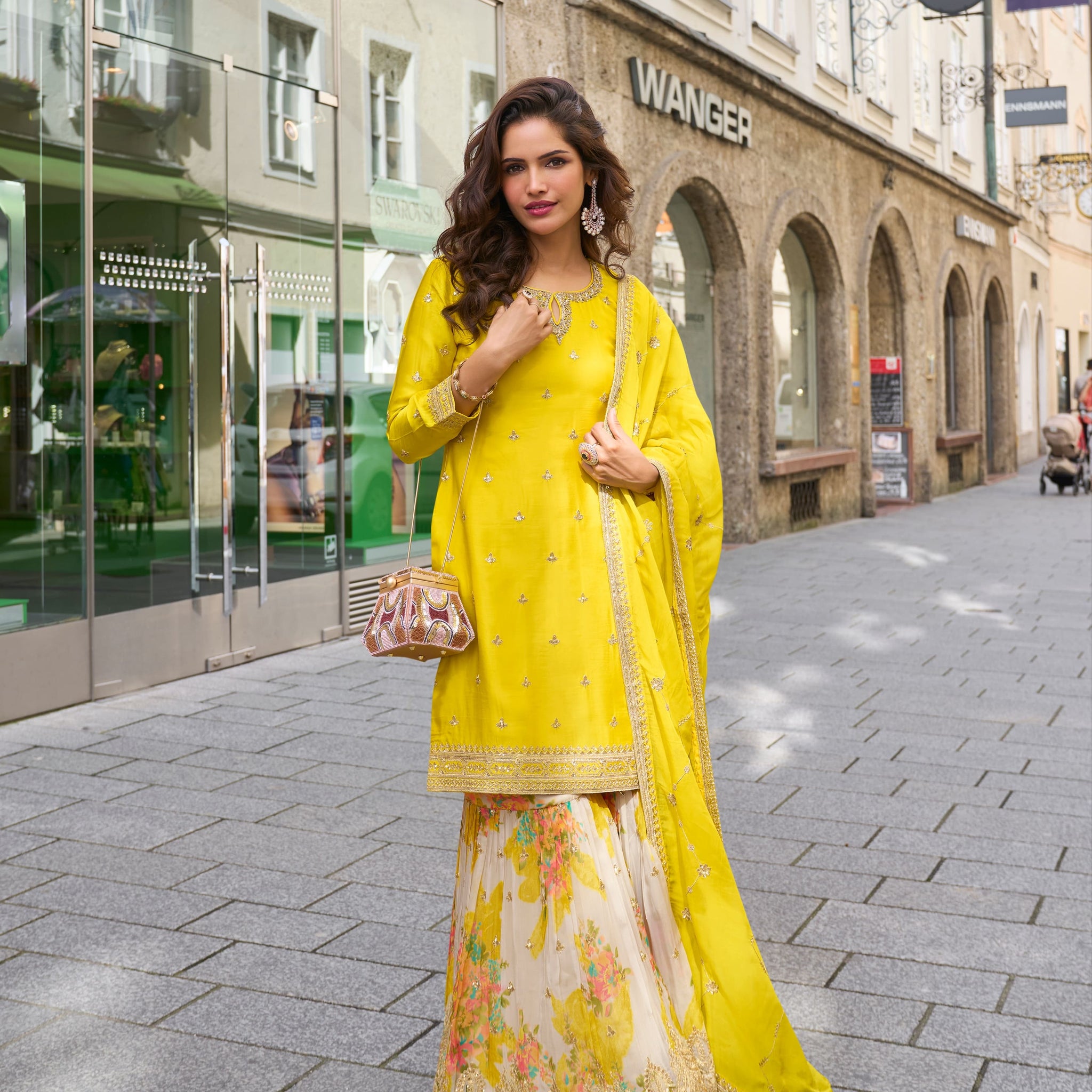 Yellow Real Chinon Embroidered Sharara Suit with Dupatta