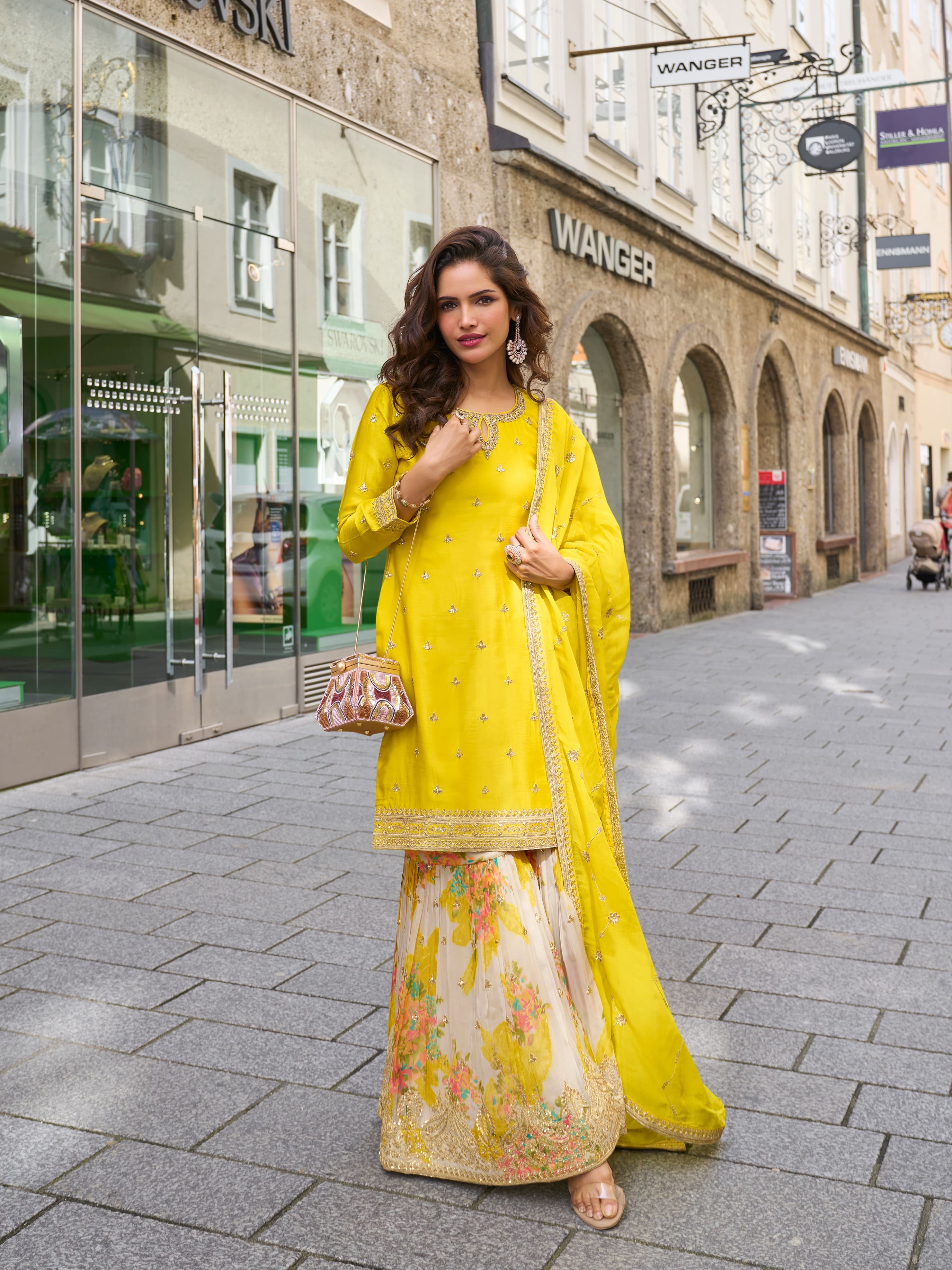 Yellow Real Chinon Embroidered Sharara Suit with Dupatta