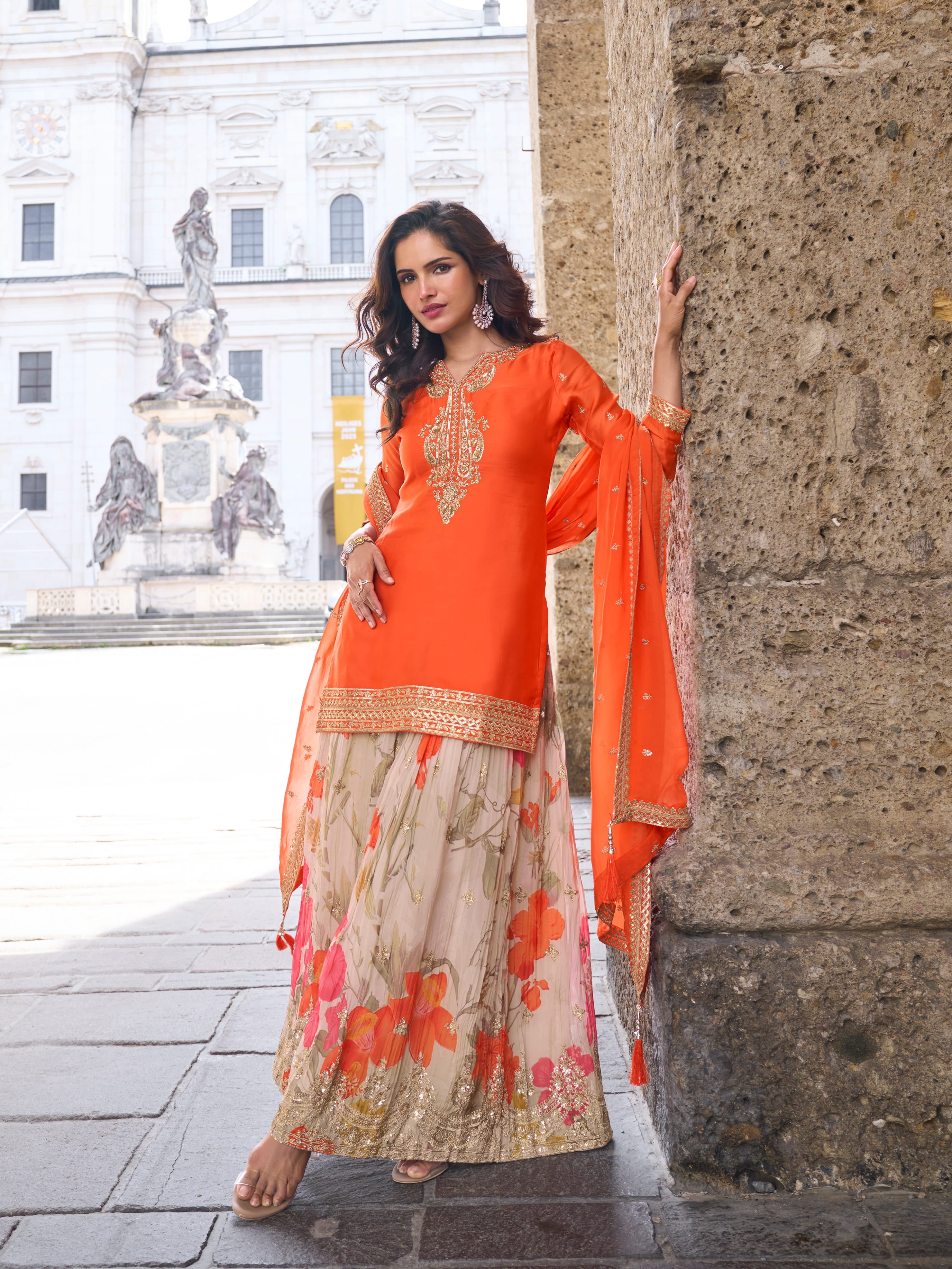 Heavy Embroidery Orange Chinon Sharara Dress