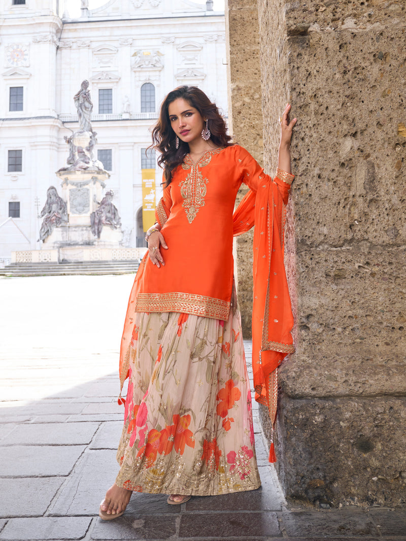 Heavy Embroidery Orange Chinon Sharara Dress