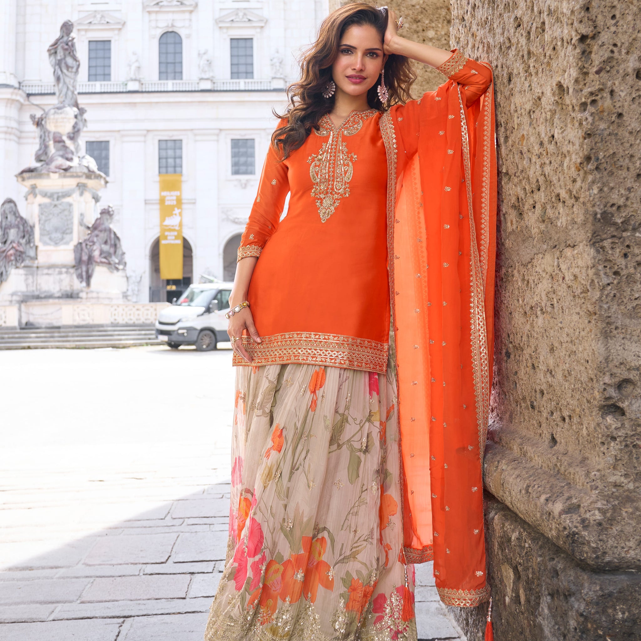 Orange Real Chinon Embroidered Sharara Suit with Dupatta