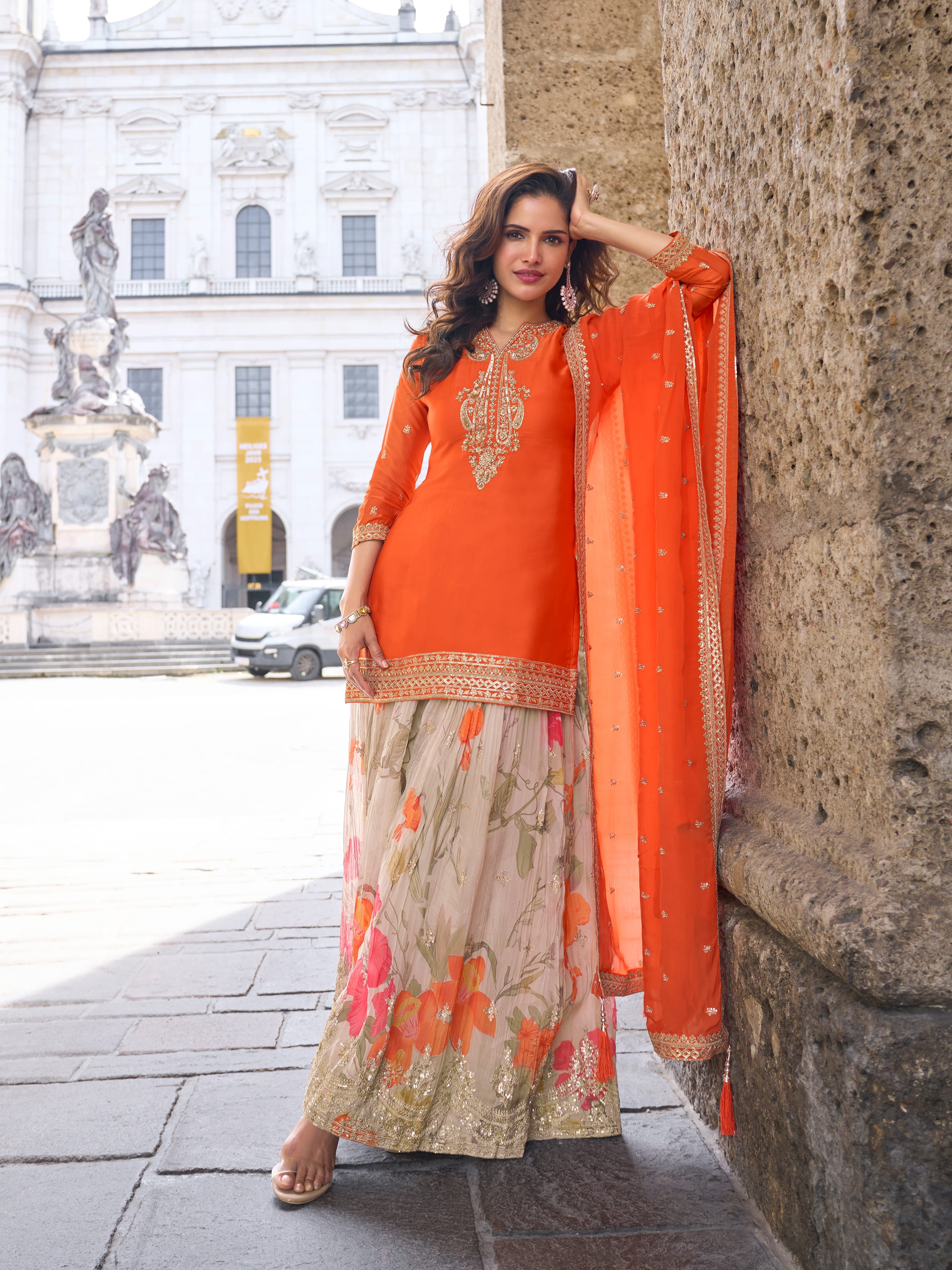 Orange Real Chinon Embroidered Sharara Suit with Dupatta