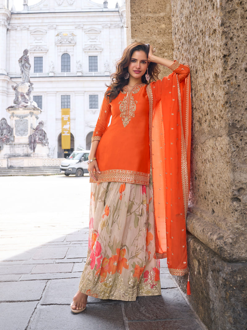 Orange Real Chinon Embroidered Sharara Suit with Dupatta