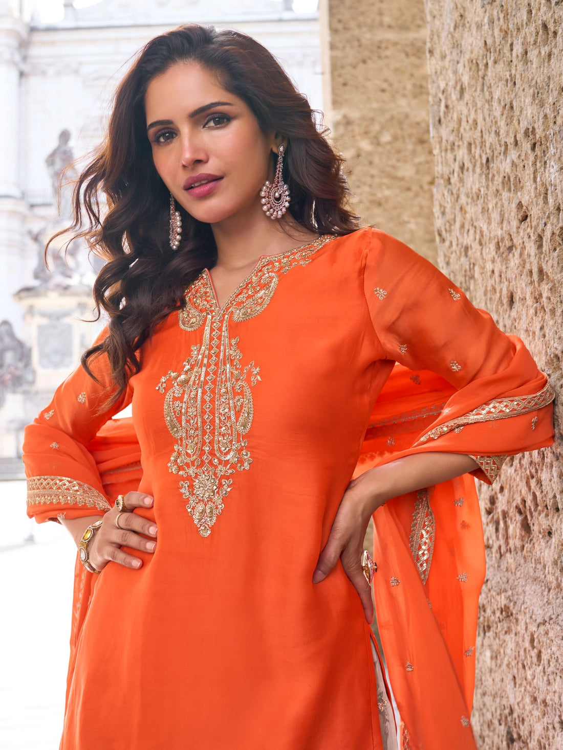 Orange Real Chinon Embroidered Sharara Suit with Dupatta