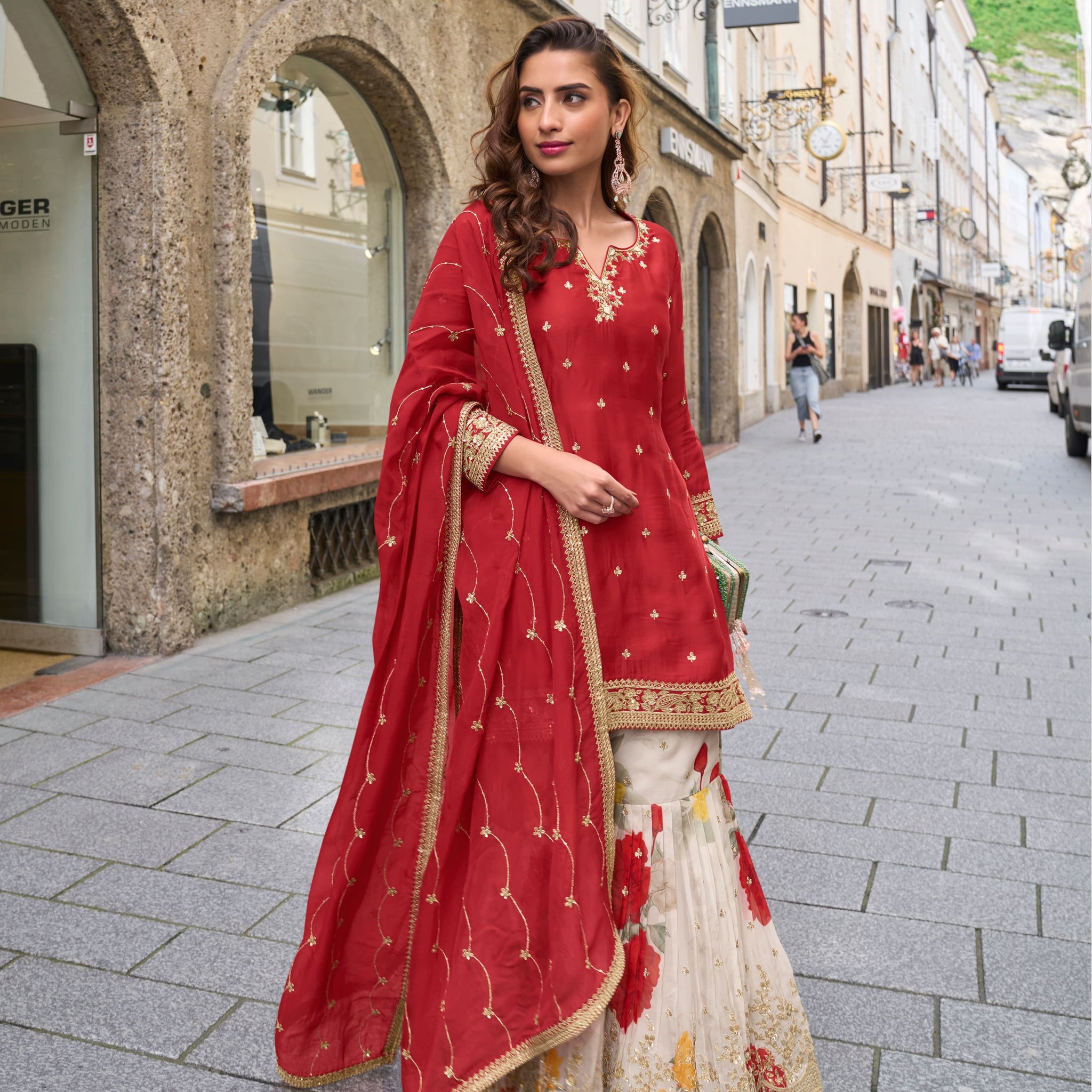 Maroon Real Chinon Embroidered Sharara Suit front view