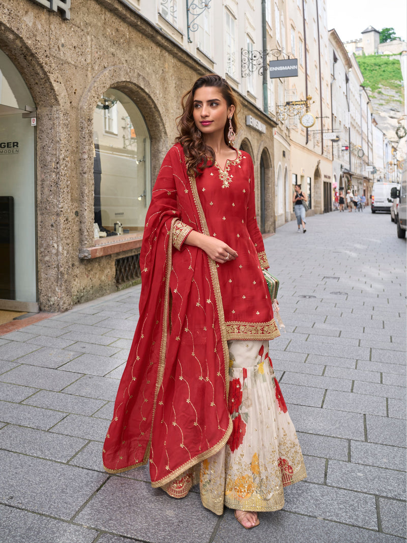 Maroon Real Chinon Embroidered Sharara Suit front view