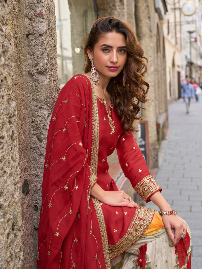 Heavy work maroon sharara suit for party & festive wear