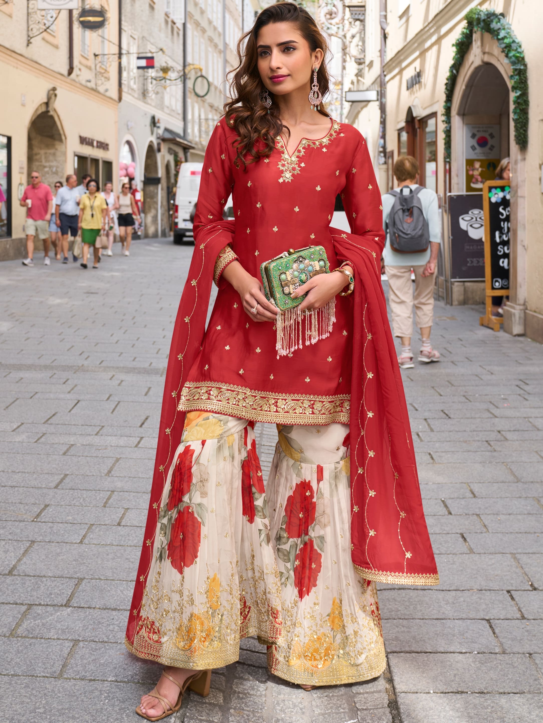 Designer maroon embroidered sharara outfit for women