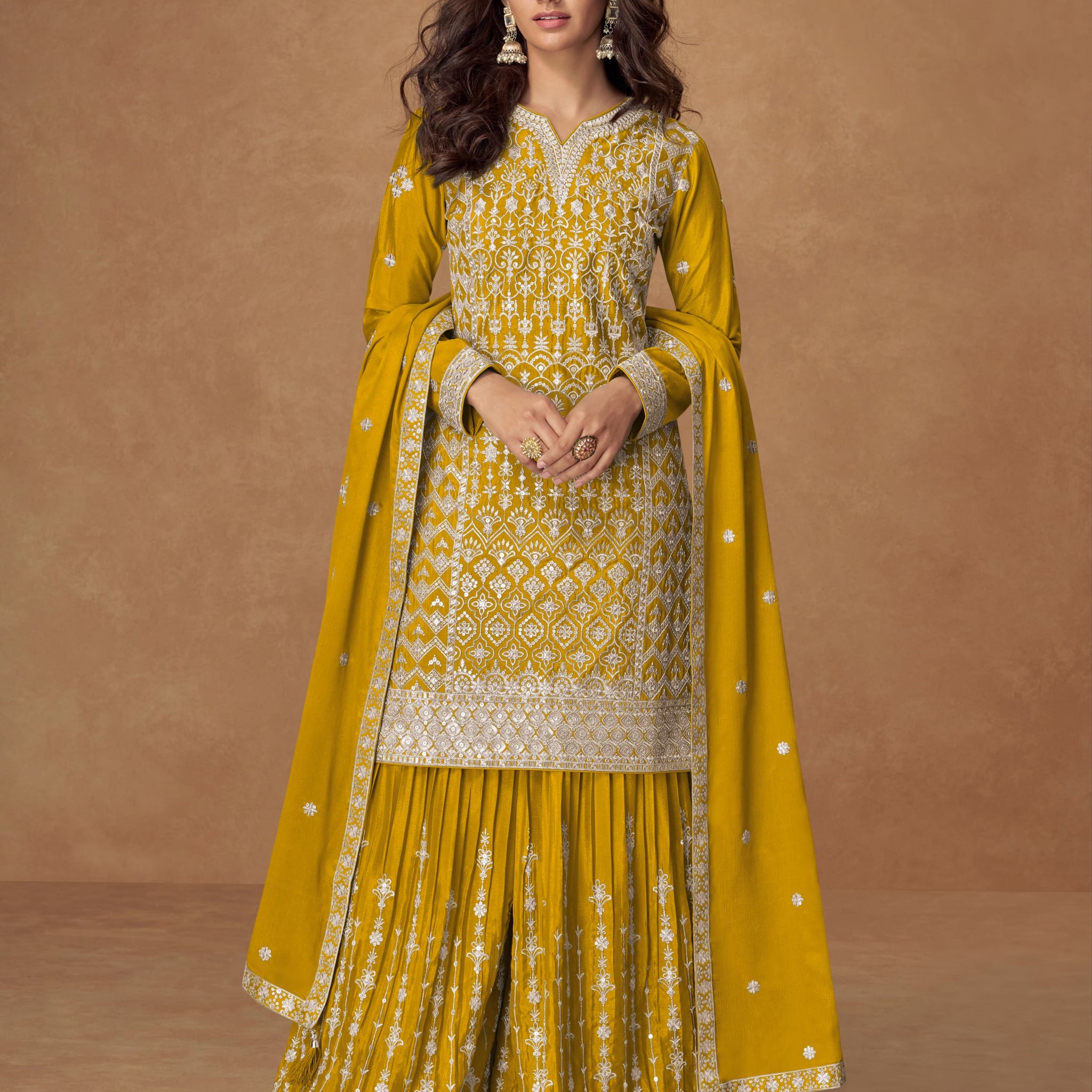 Yellow Chinnon Silk Embroidered Sharara Suit with dupatta, festive wear outfit for women