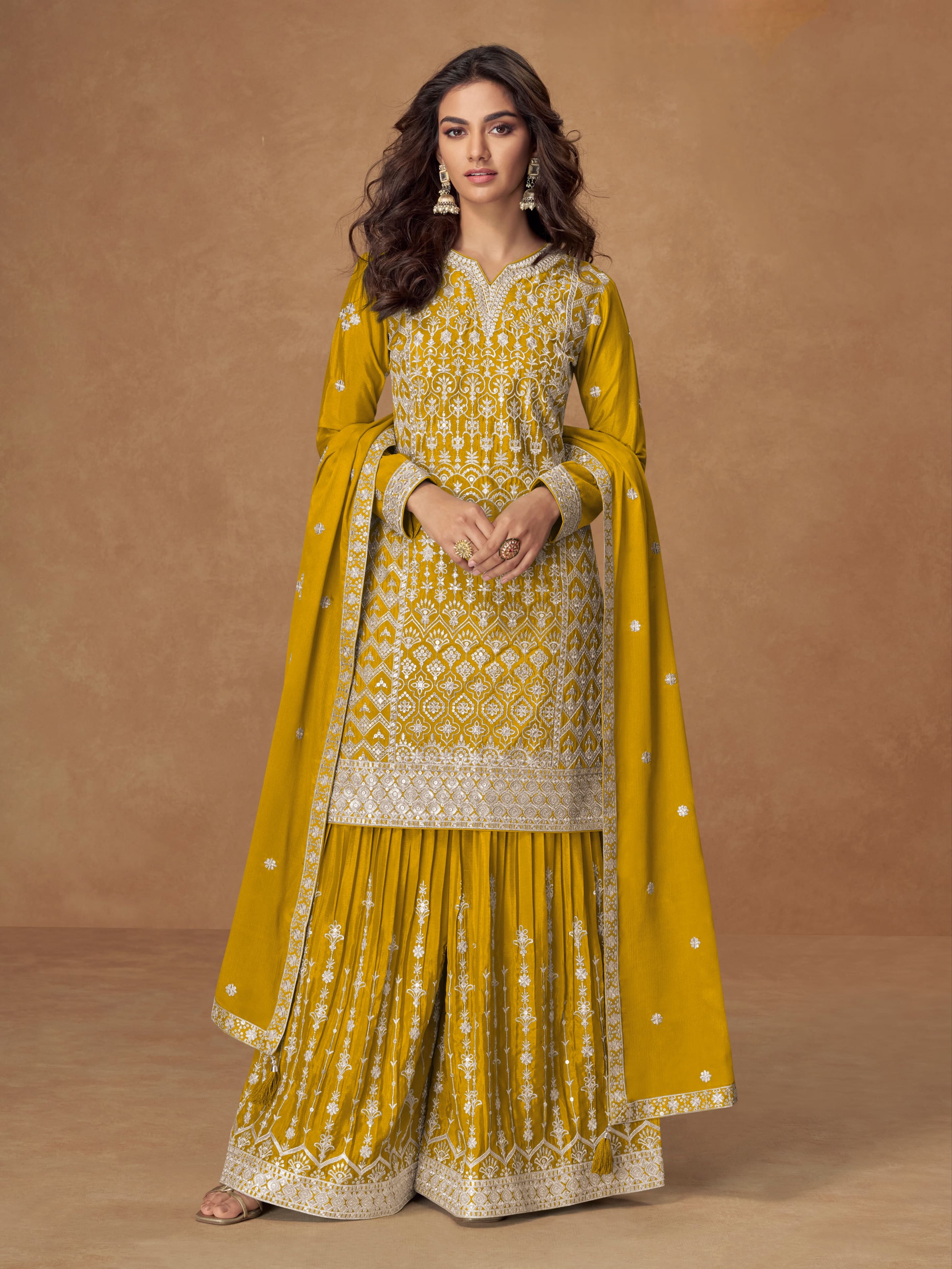 Yellow Chinnon Silk Embroidered Sharara Suit with dupatta, festive wear outfit for women