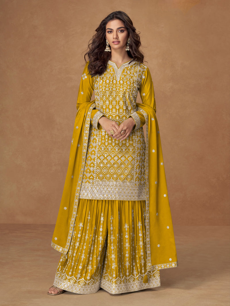 Yellow Chinnon Silk Embroidered Sharara Suit with dupatta, festive wear outfit for women
