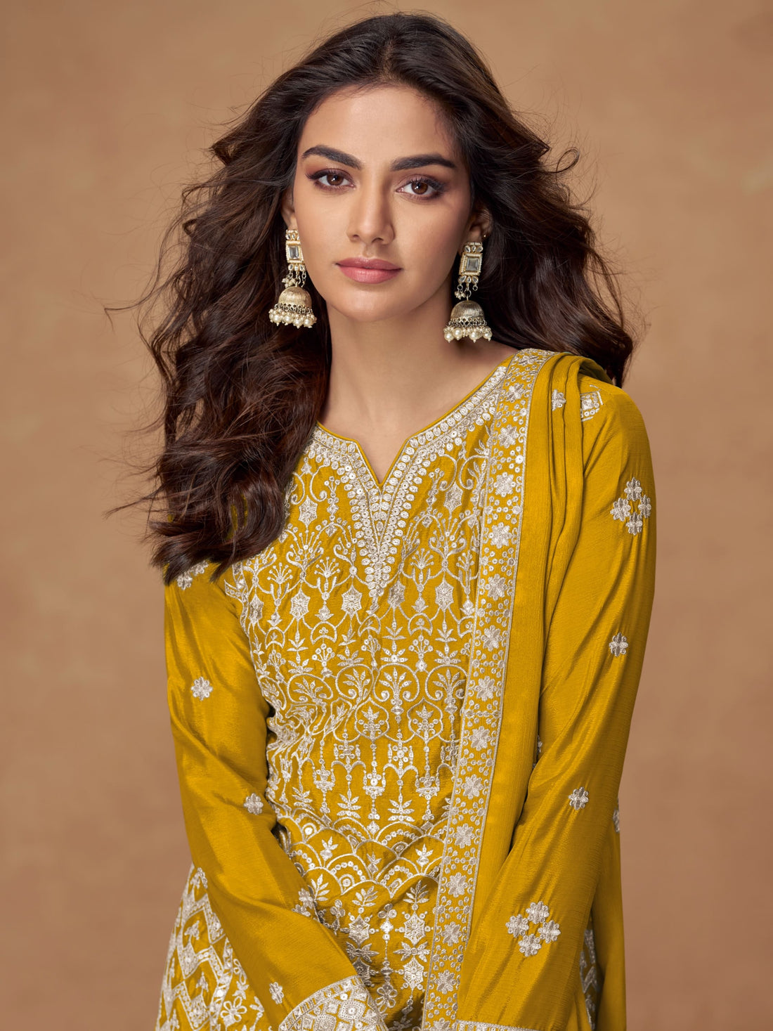 Yellow Chinnon Silk Embroidered Sharara Suit with dupatta, festive wear outfit for women
