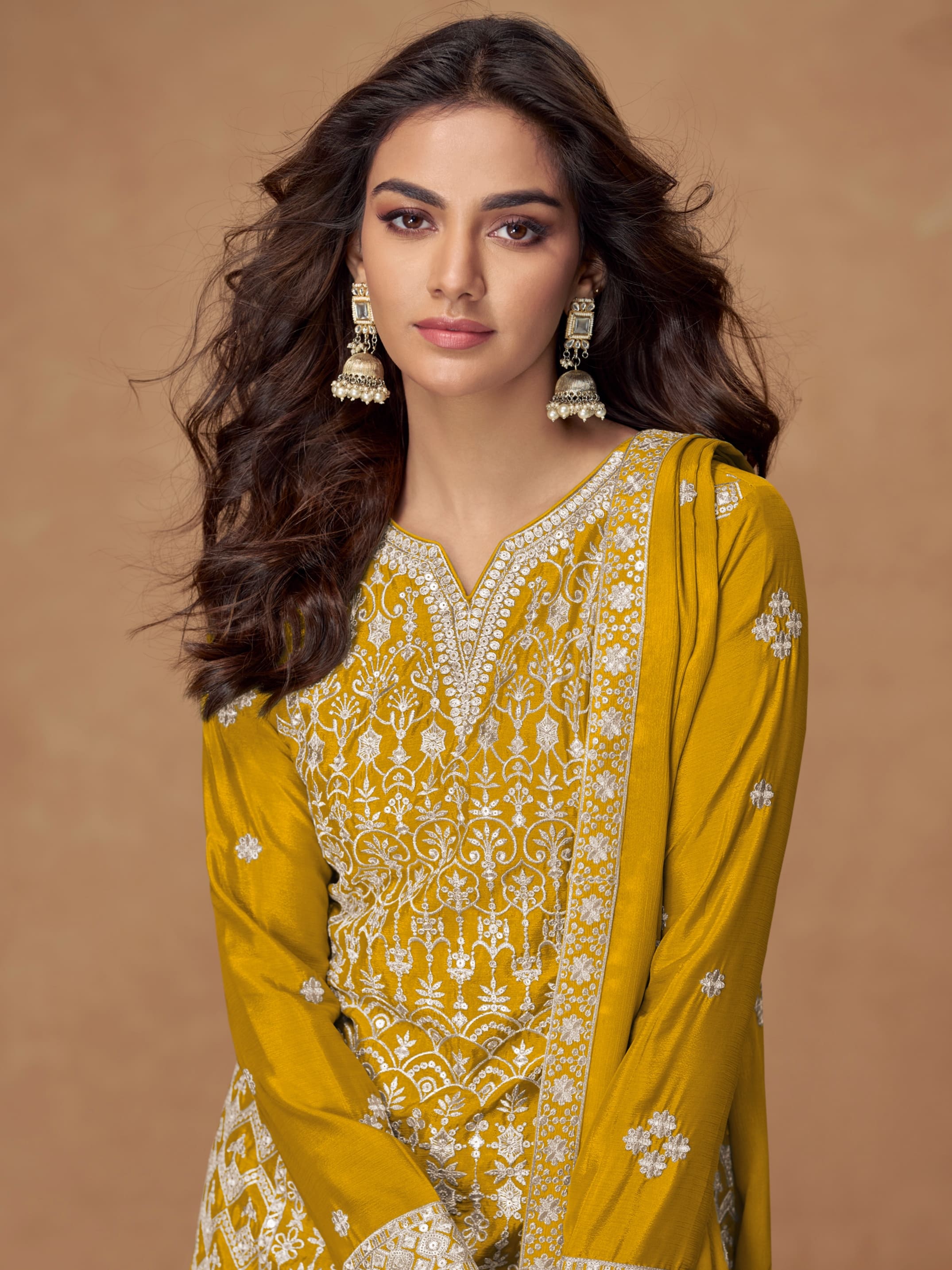 Designer Yellow Sharara Suit in premium chinnon silk, haldi and wedding wear dress