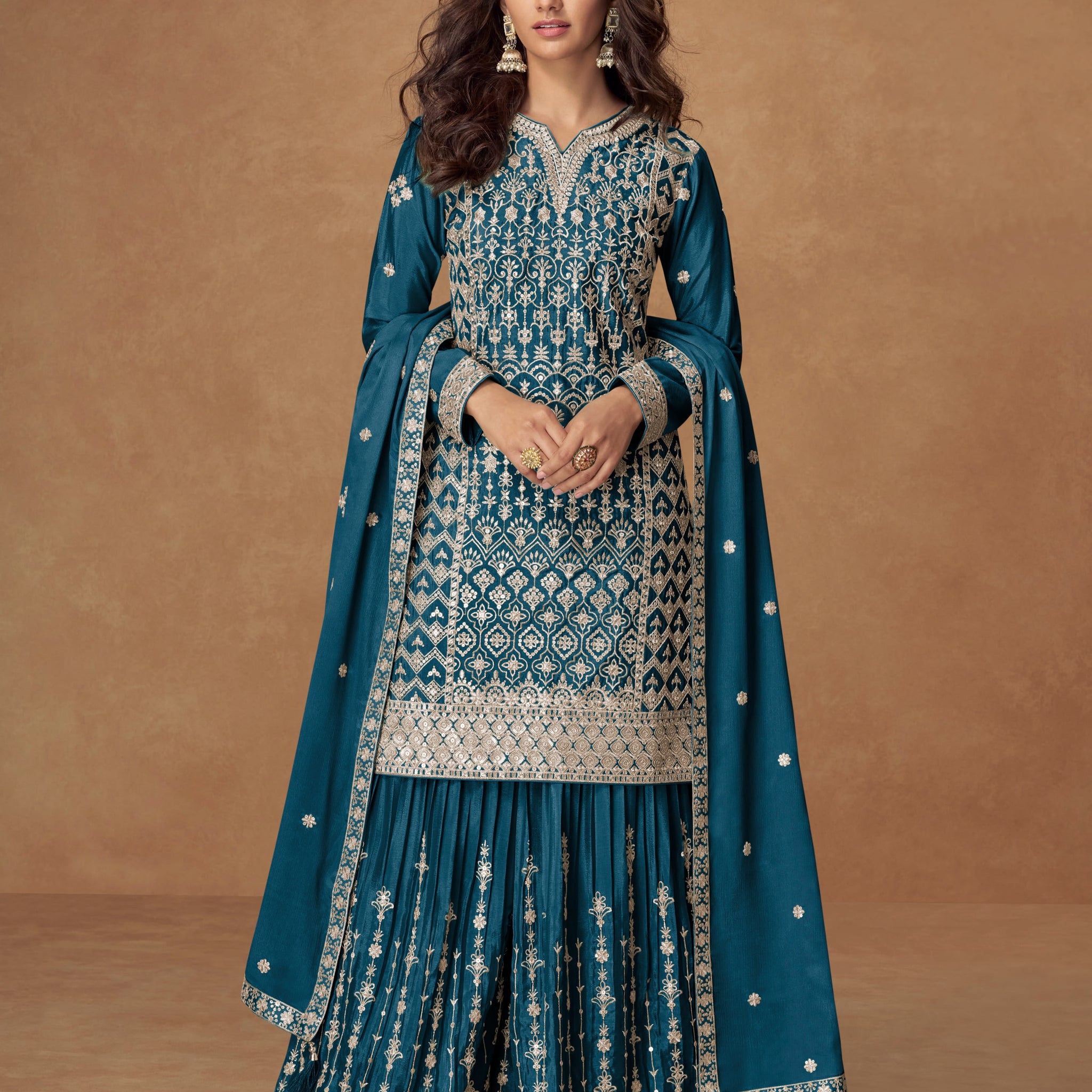 Teal Party Wear Sharara Suit with embroidery for weddings