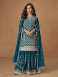 Teal Party Wear Sharara Suit with embroidery for weddings