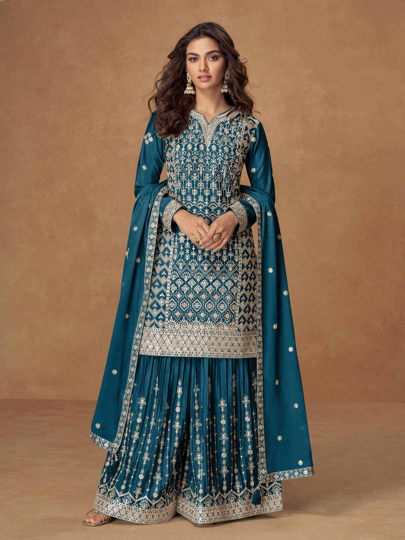 Teal Party Wear Sharara Suit with embroidery for weddings
