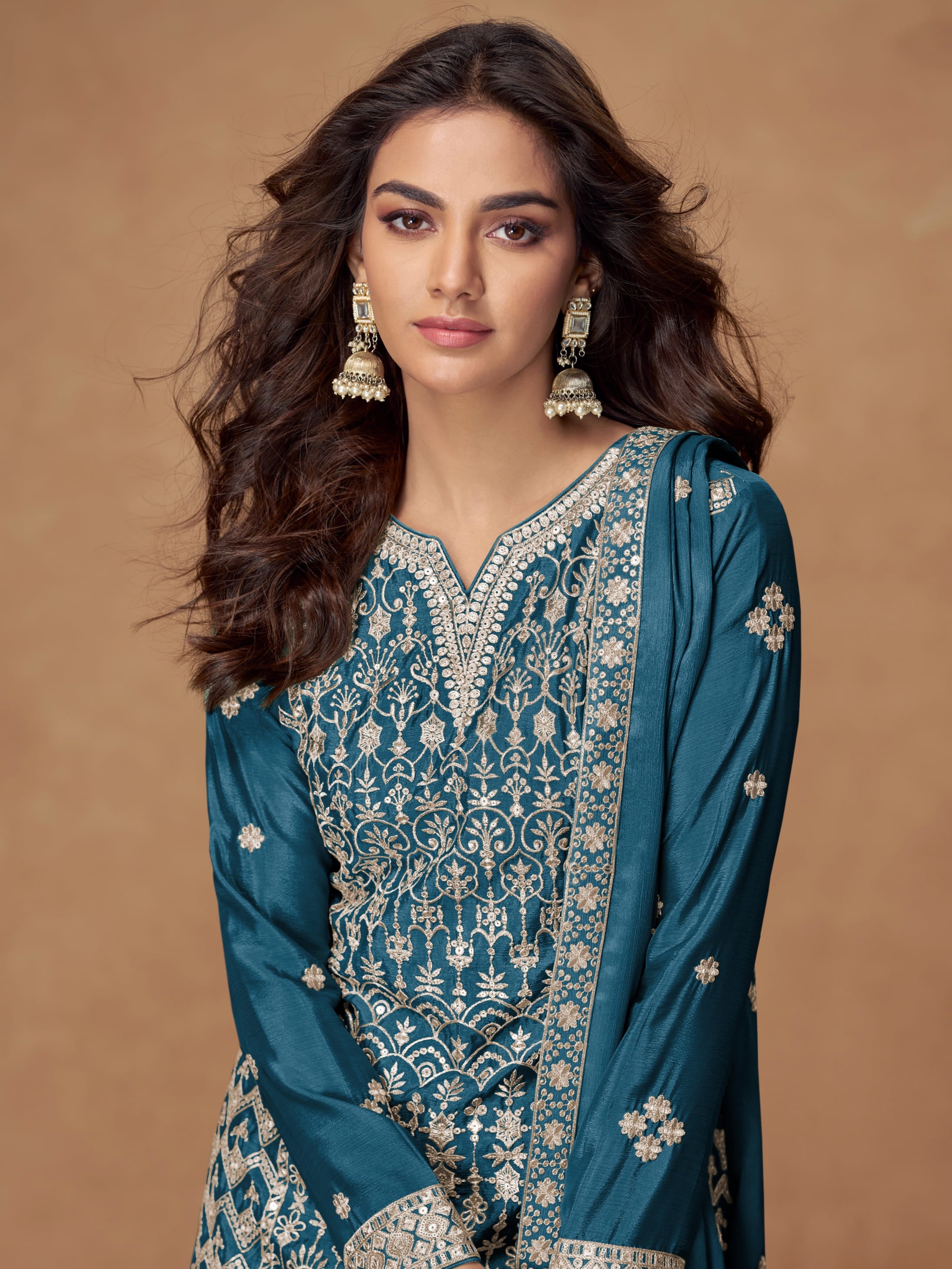 Elegant Teal Chinnon Silk Sharara Outfit for receptions