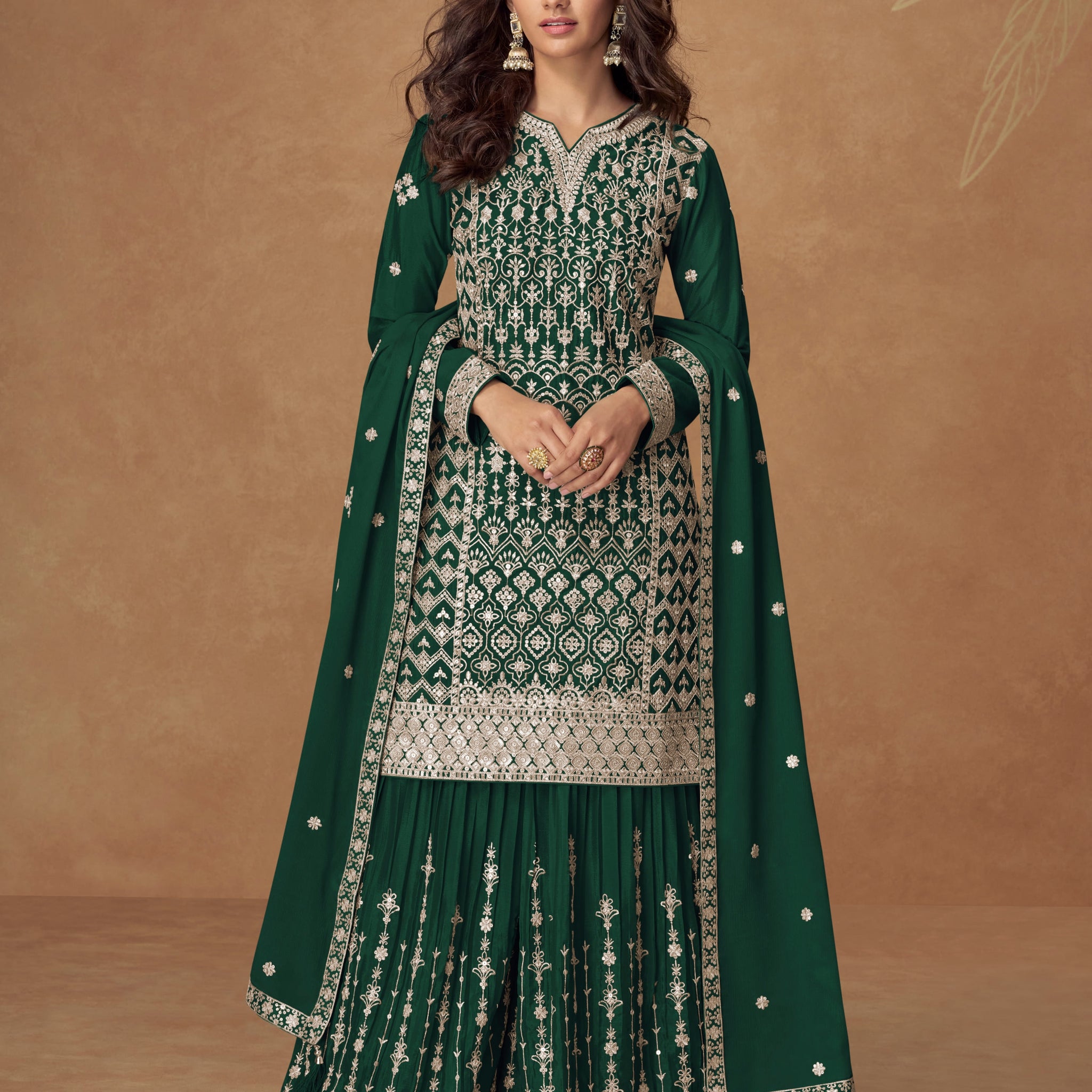 Green Chinnon Silk Embroidered Sharara Suit with dupatta for weddings
