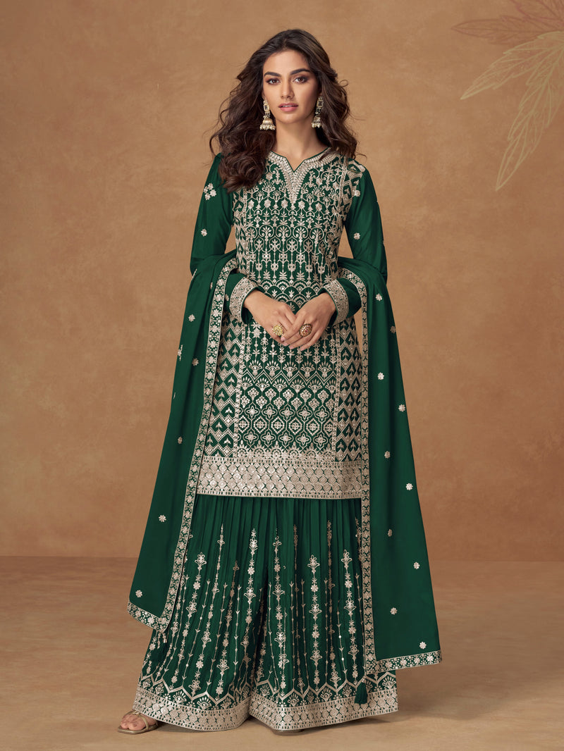 Green Chinnon Silk Embroidered Sharara Suit with dupatta for weddings