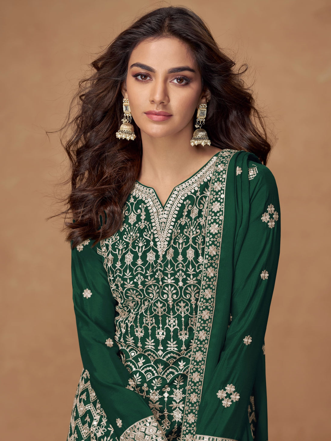 Green Chinnon Silk Embroidered Sharara Suit with dupatta for weddings