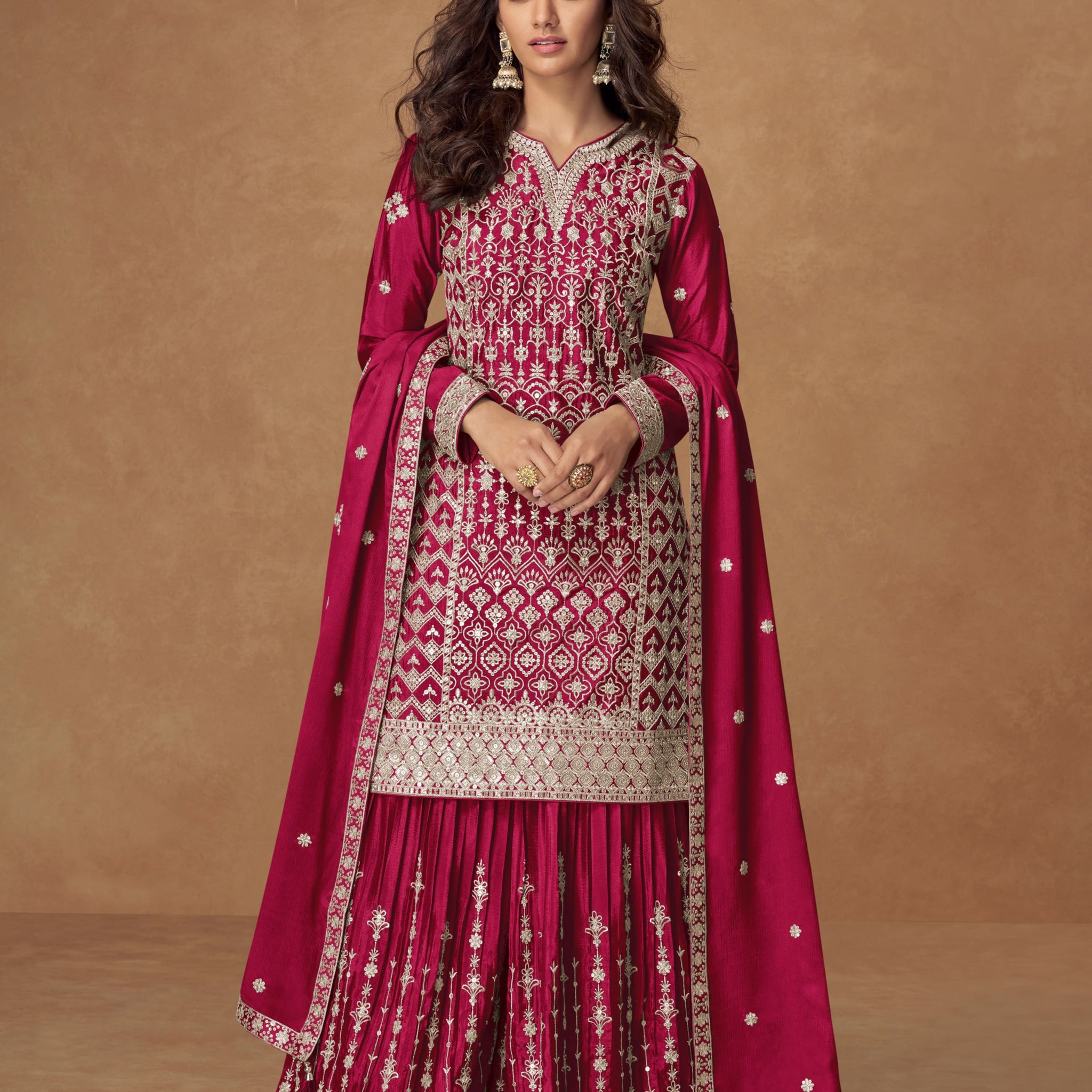 Pink Chinnon Silk Embroidered Sharara Dress for sangeet night