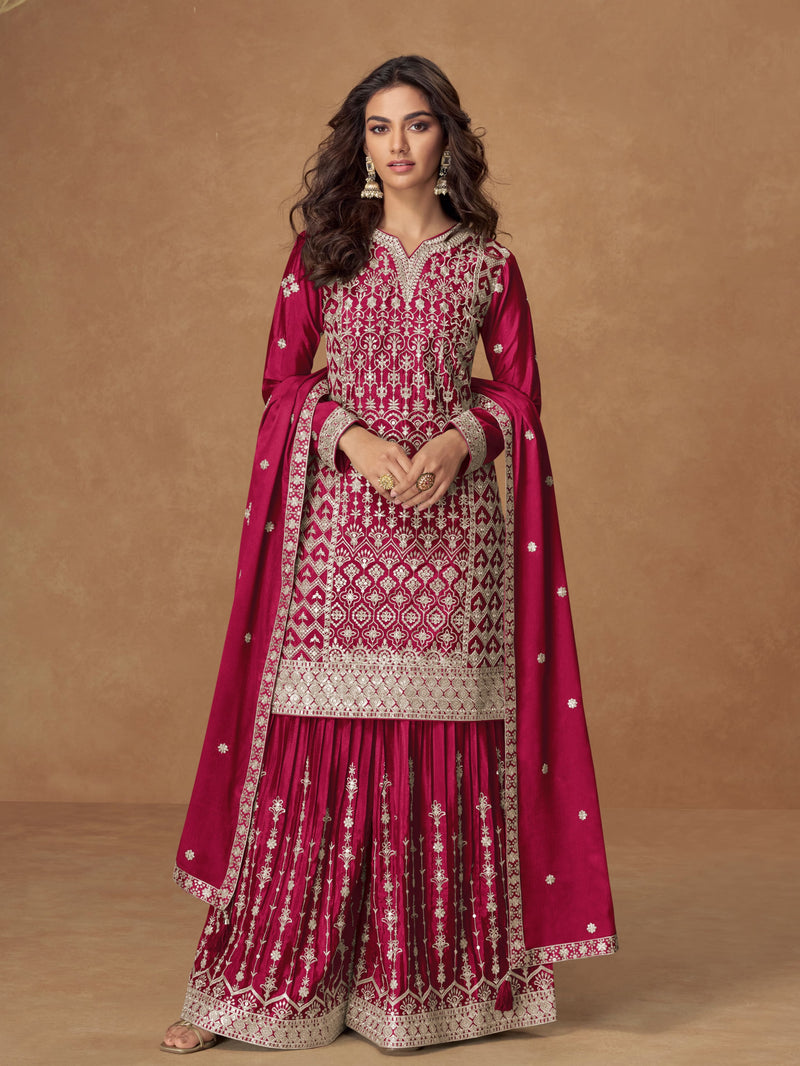 Pink Chinnon Silk Embroidered Sharara Dress for sangeet night