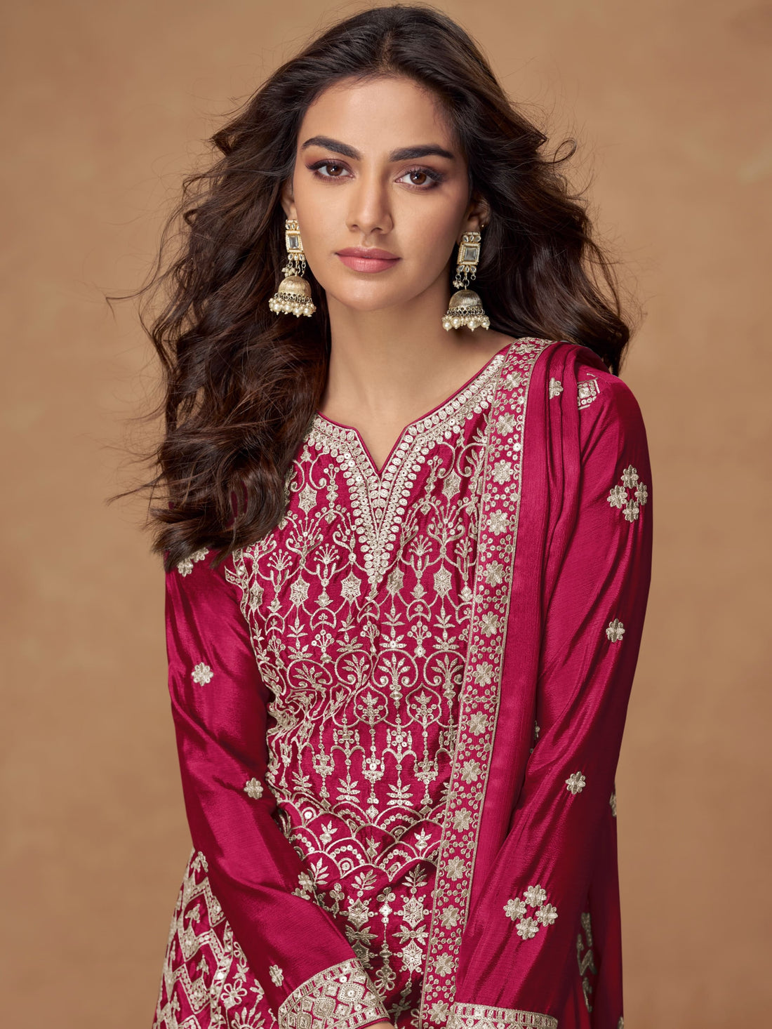 Pink Chinnon Silk Embroidered Sharara Dress for sangeet night
