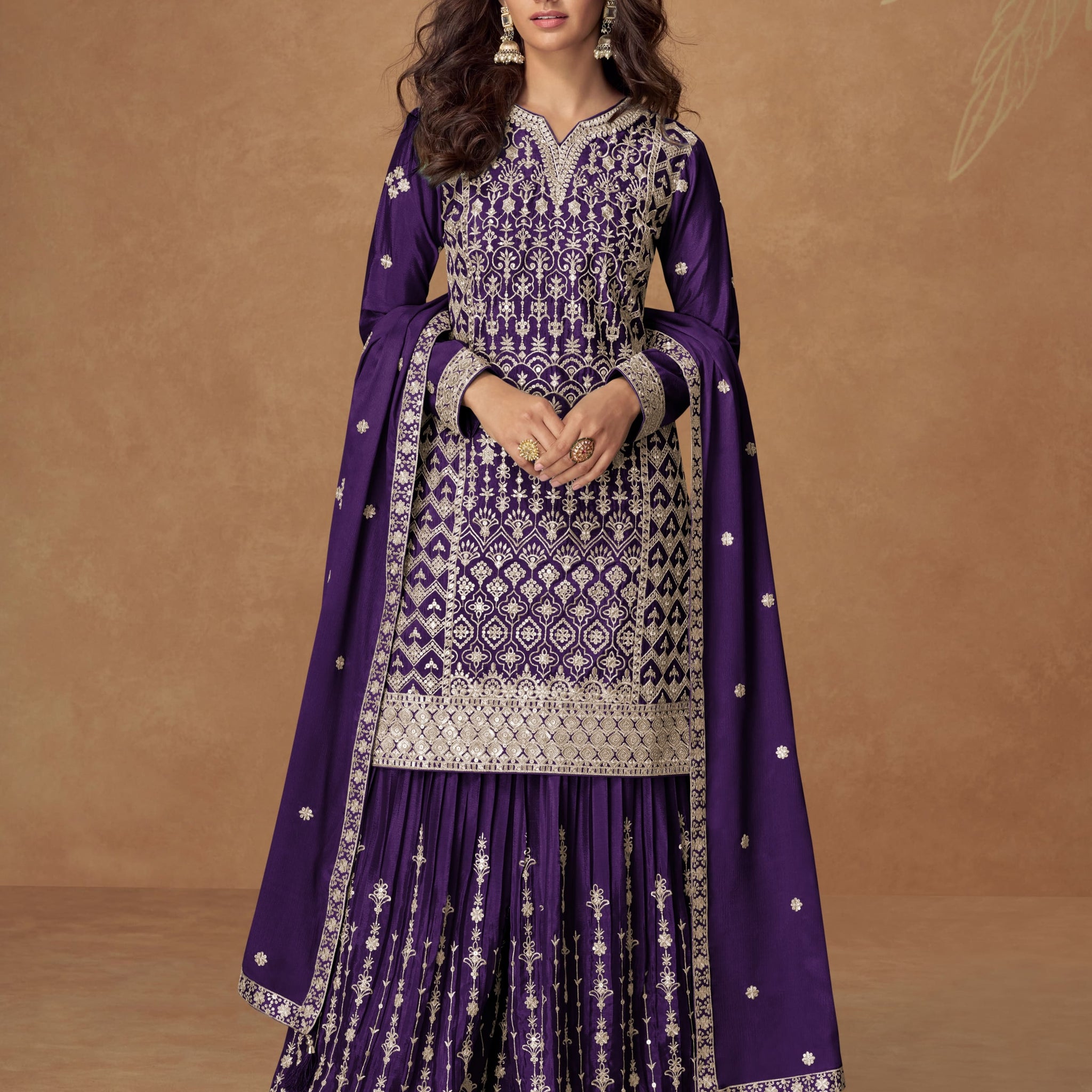 Purple Chinnon Silk Embroidered Sharara Suit for Eid celebrations