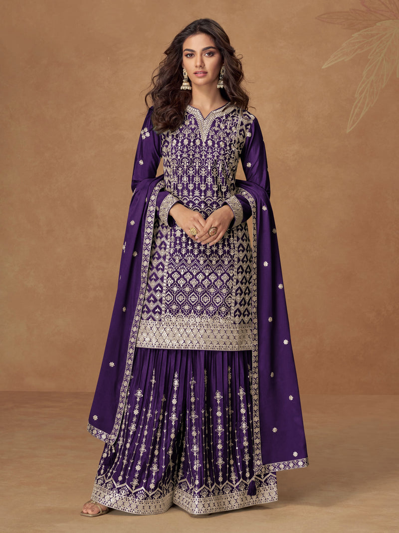 Purple Chinnon Silk Embroidered Sharara Suit for Eid celebrations