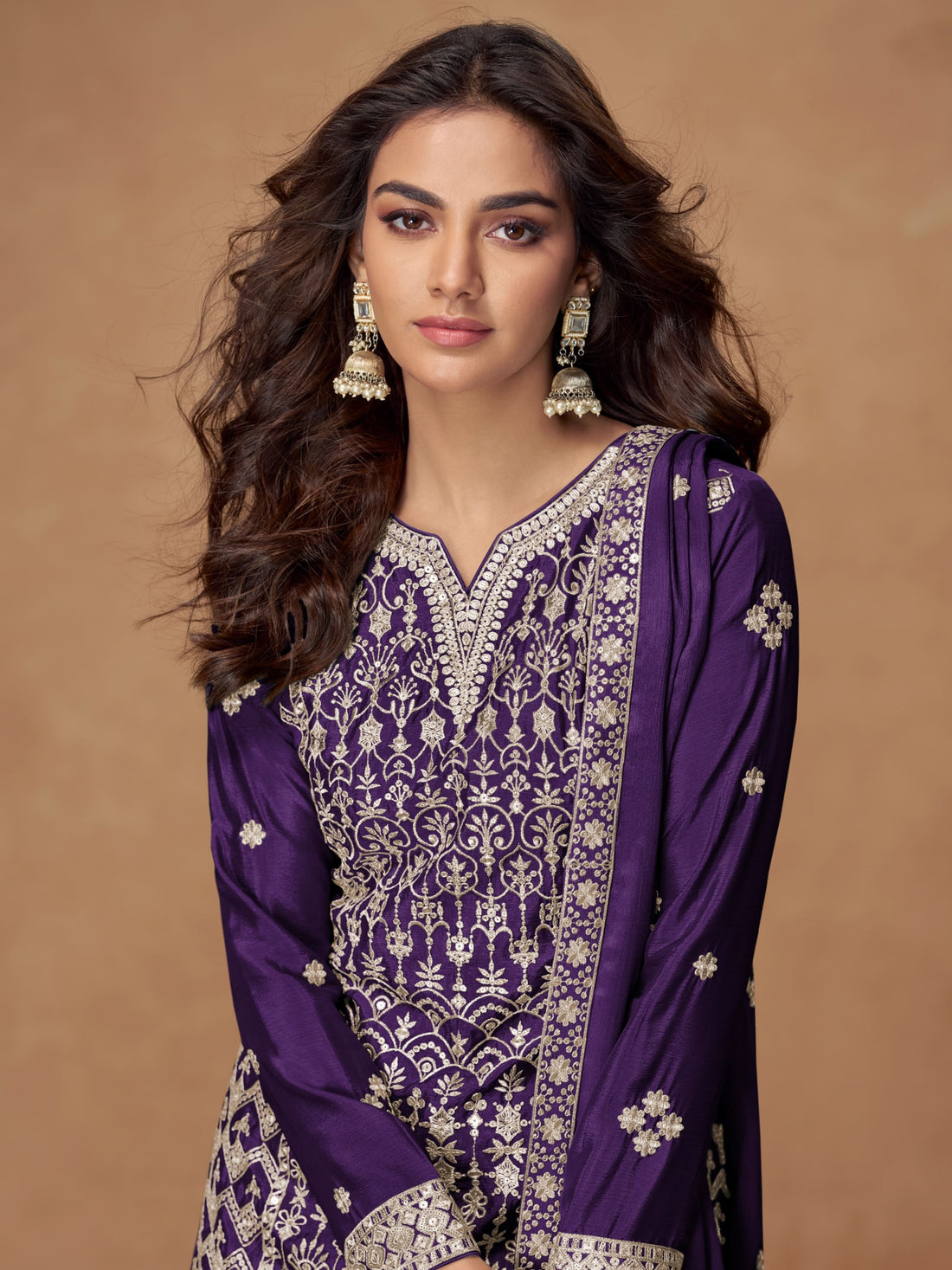 Purple Chinnon Silk Embroidered Sharara Suit for Eid celebrations