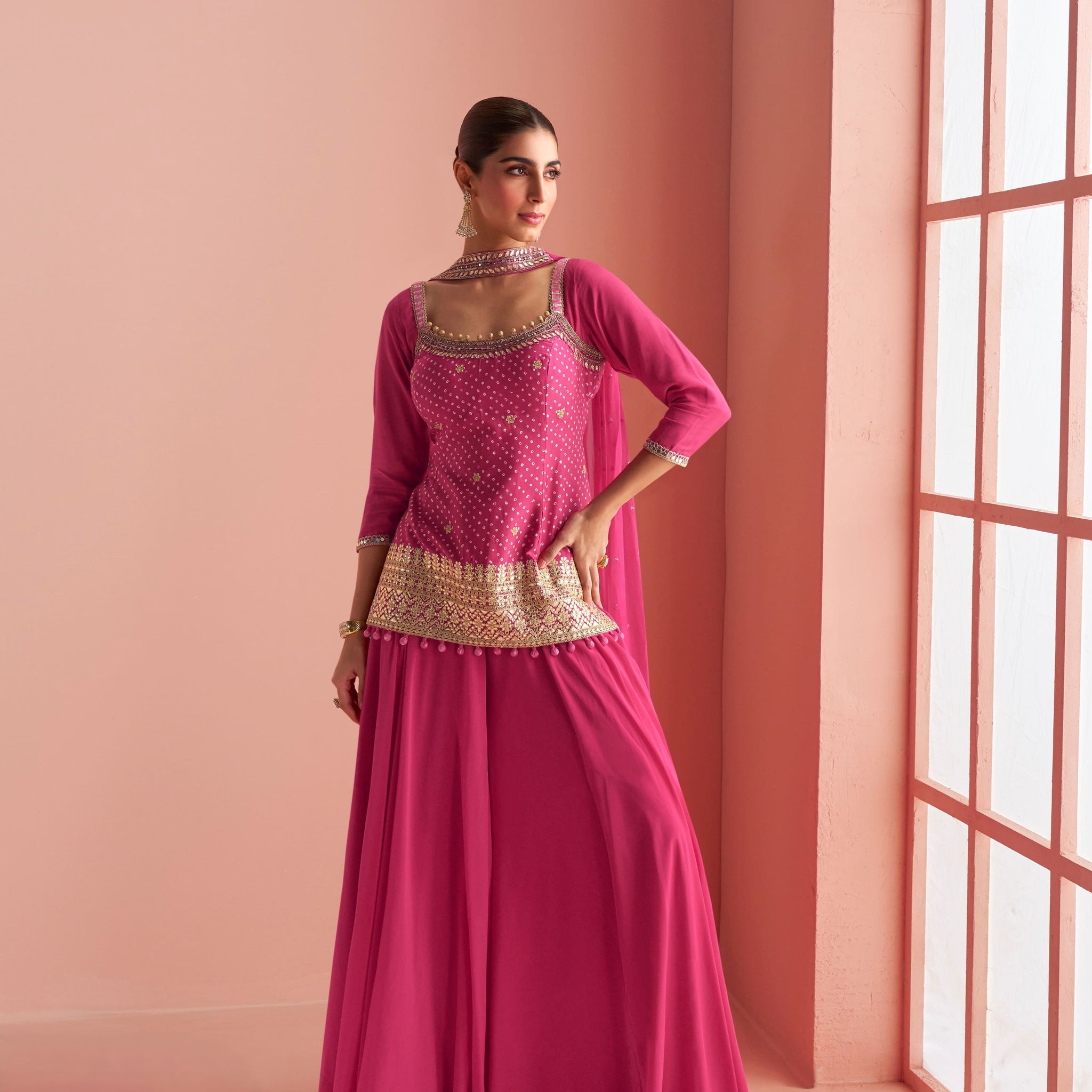 Pink chinon silk palazzo suit with heavy mirror embroidery