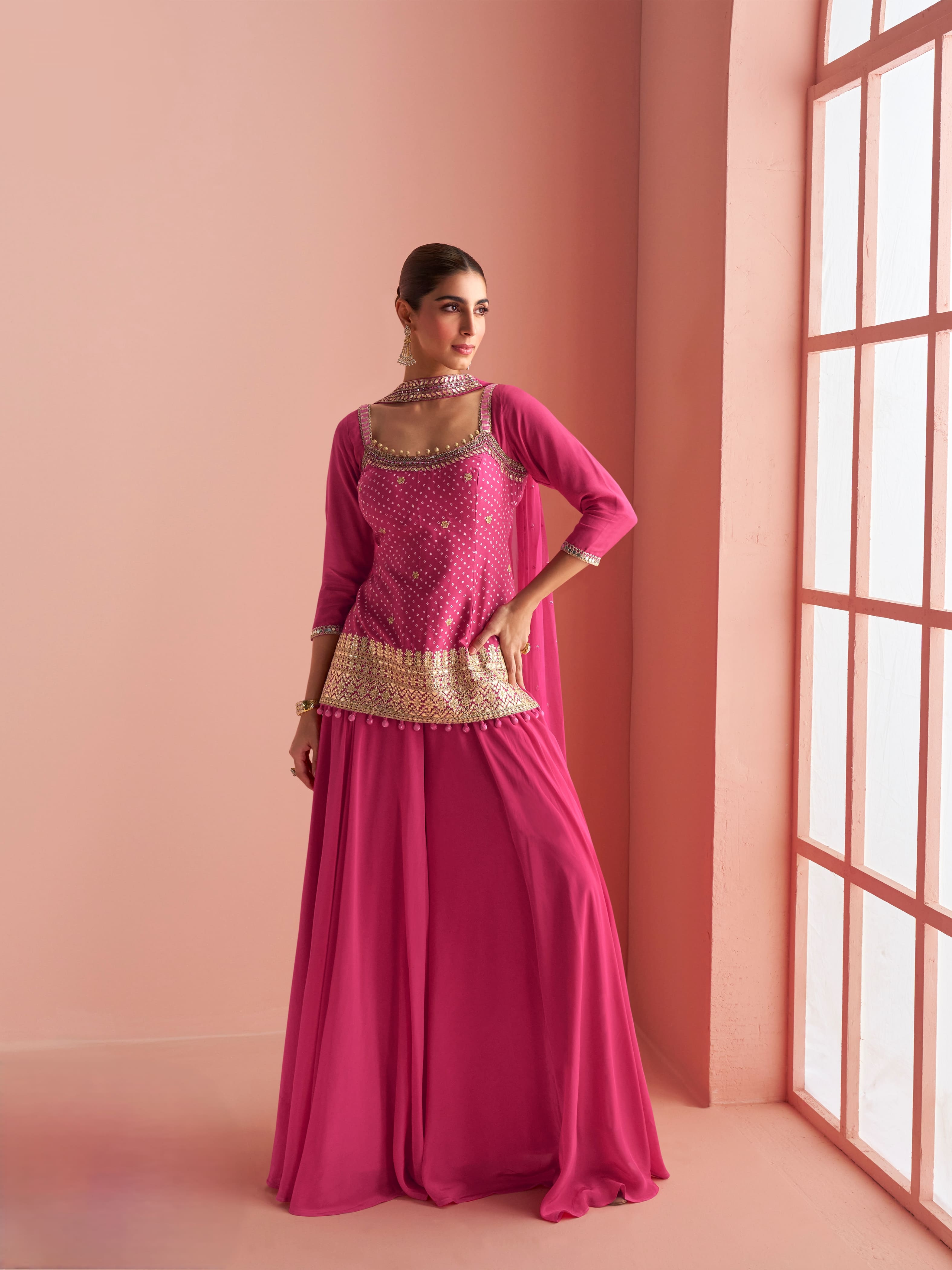 Pink chinon silk palazzo suit with heavy mirror embroidery