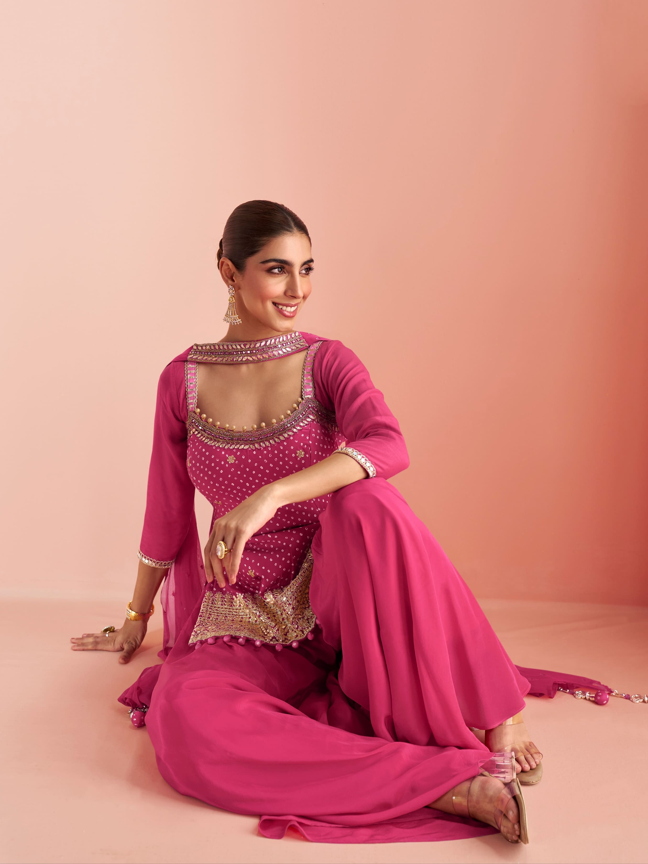 Designer pink embroidered kurti with palazzo and dupatta