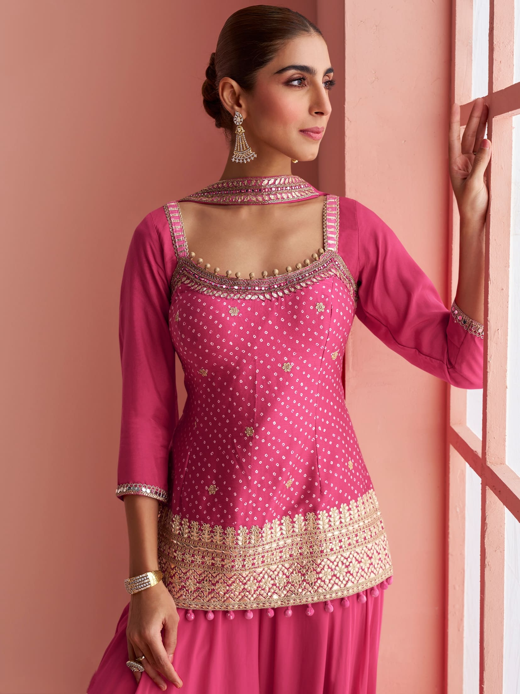 Wedding wear pink palazzo suit for festive occasions