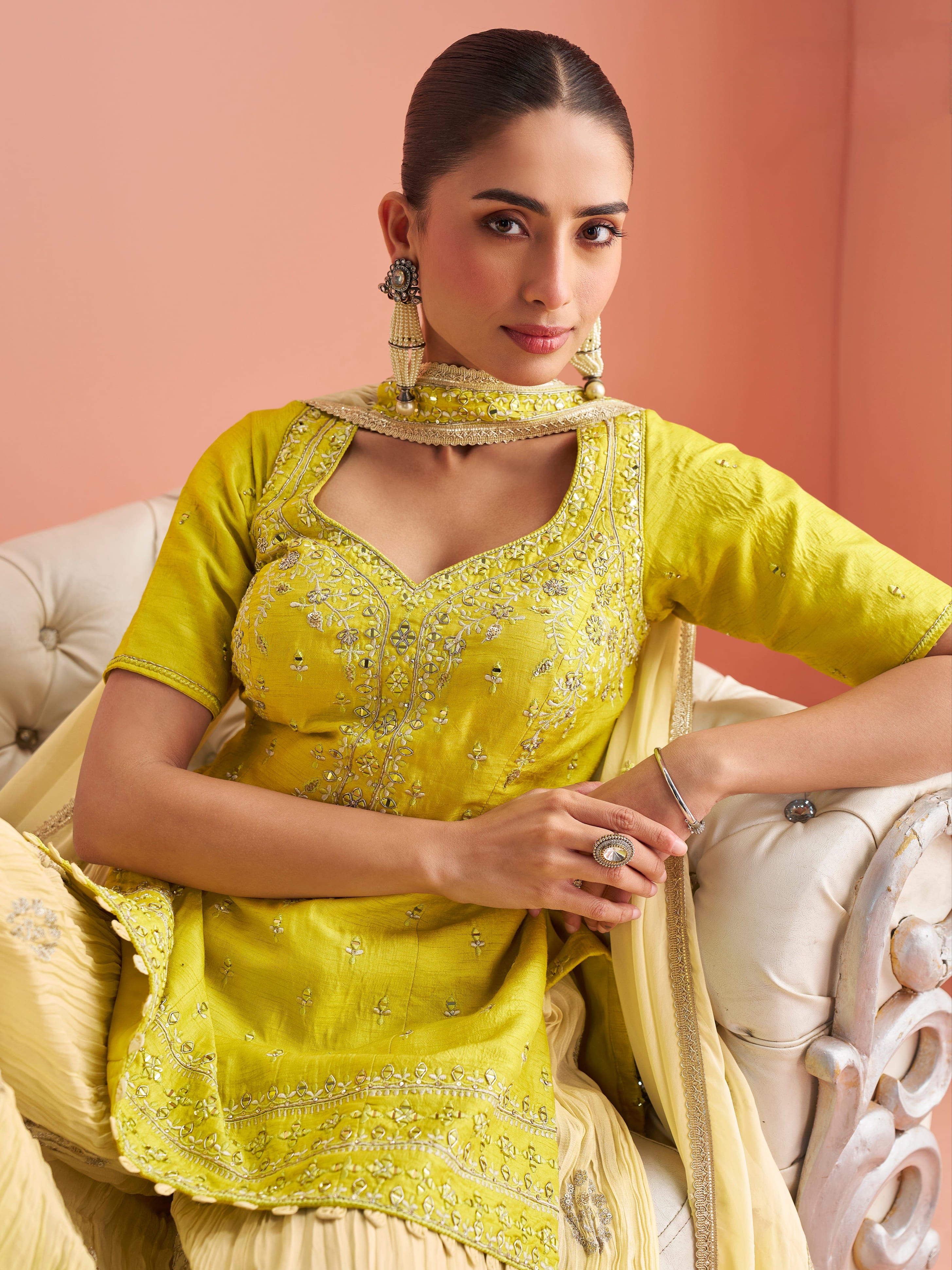Designer yellow palazzo set with mirror embroidery