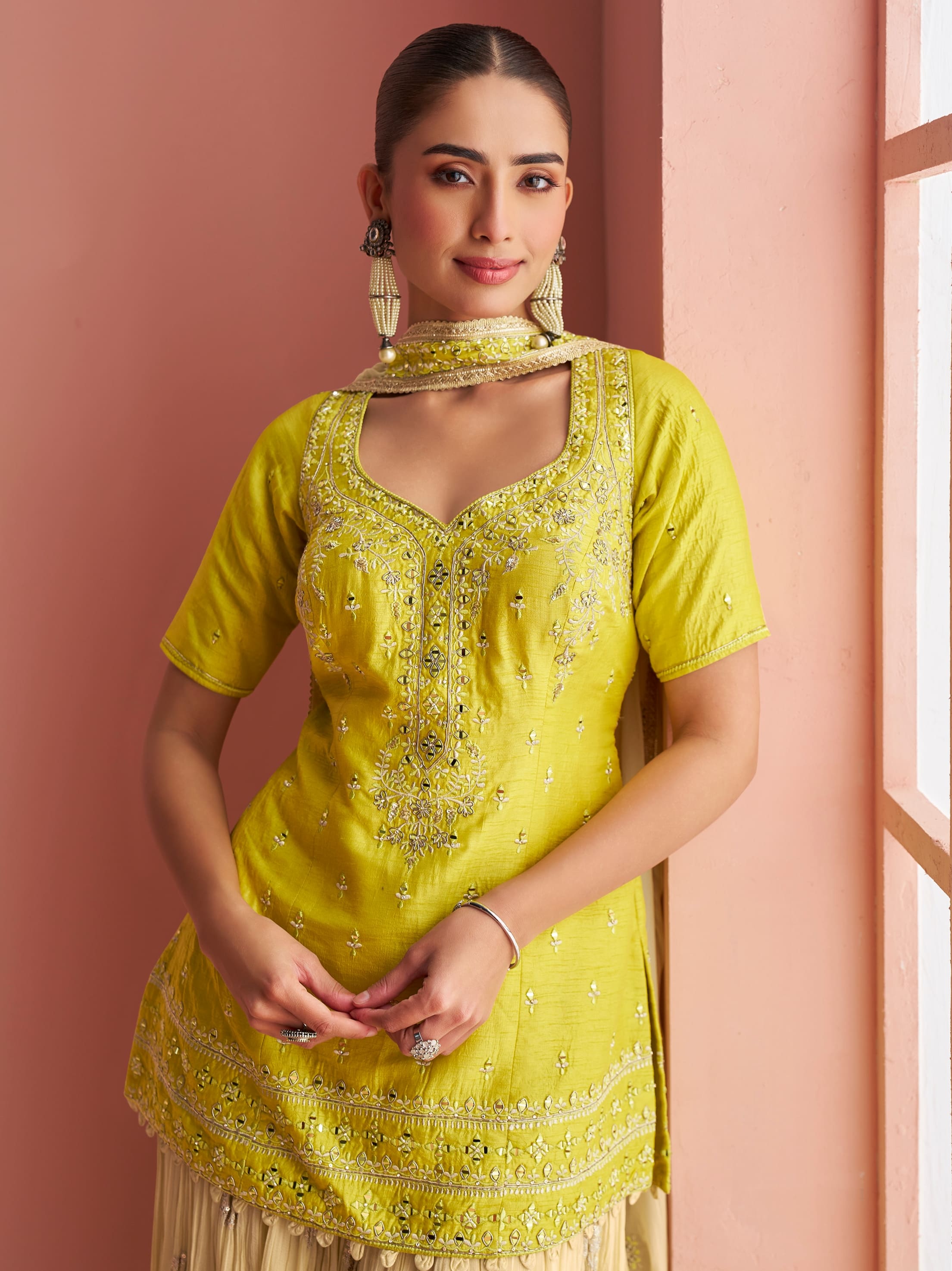 Haldi ceremony yellow palazzo dress in premium silk