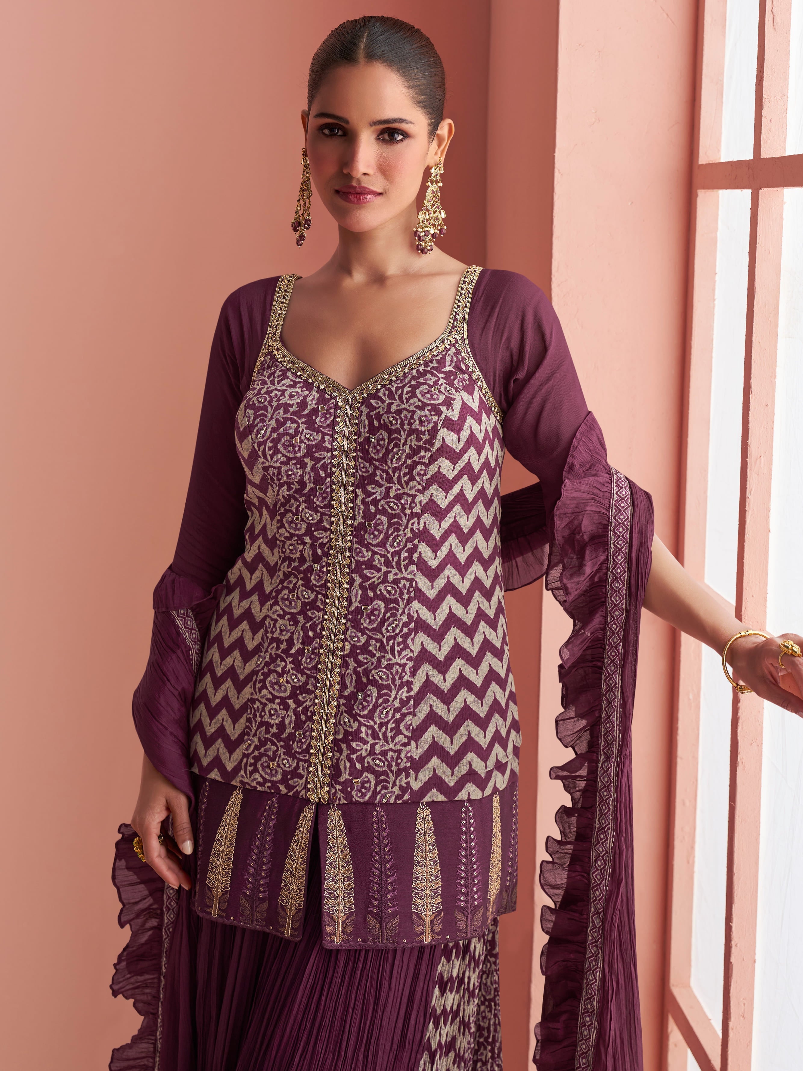 Elegant purple ethnic palazzo outfit for evening parties