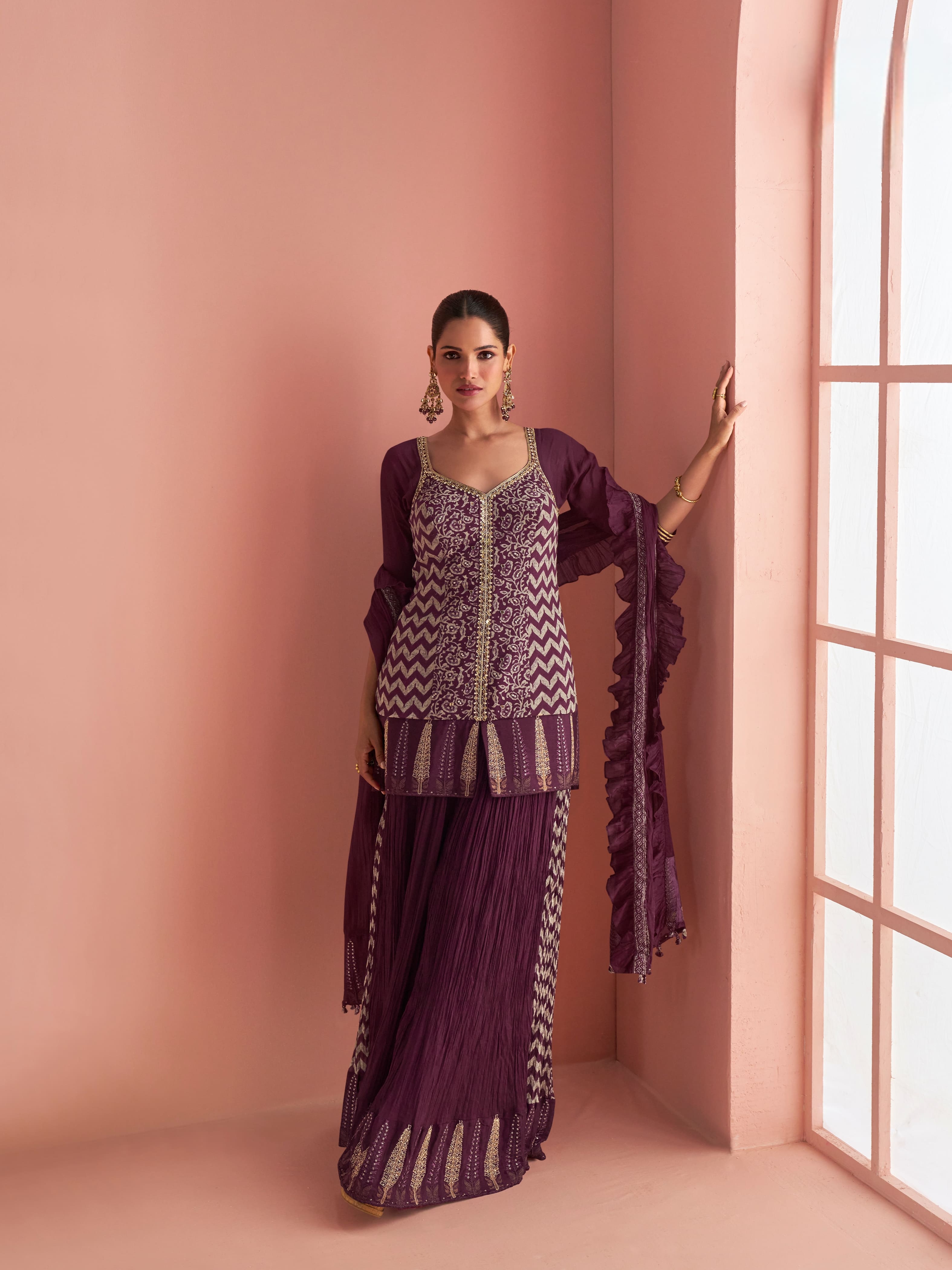 Purple chinon silk palazzo suit with mirror work embroidery